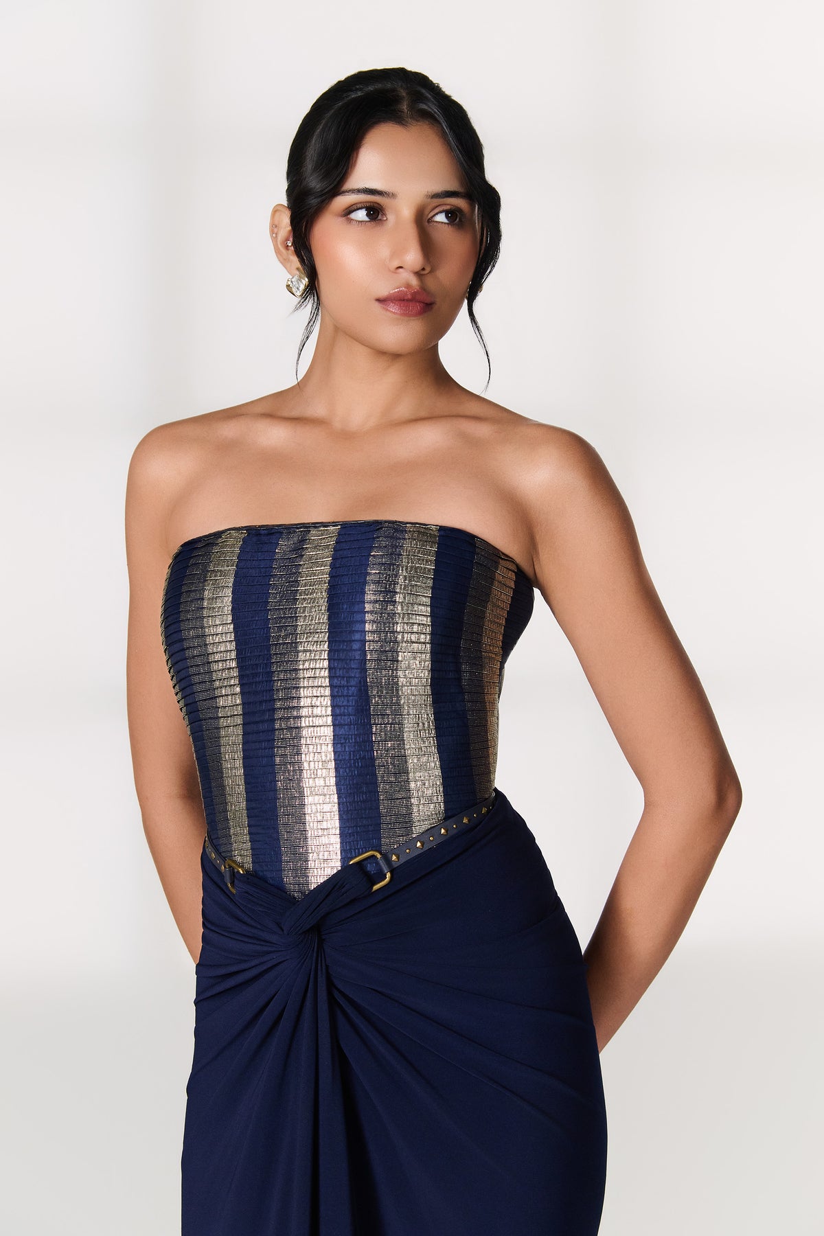 Navy-Gold Striped Corset Top