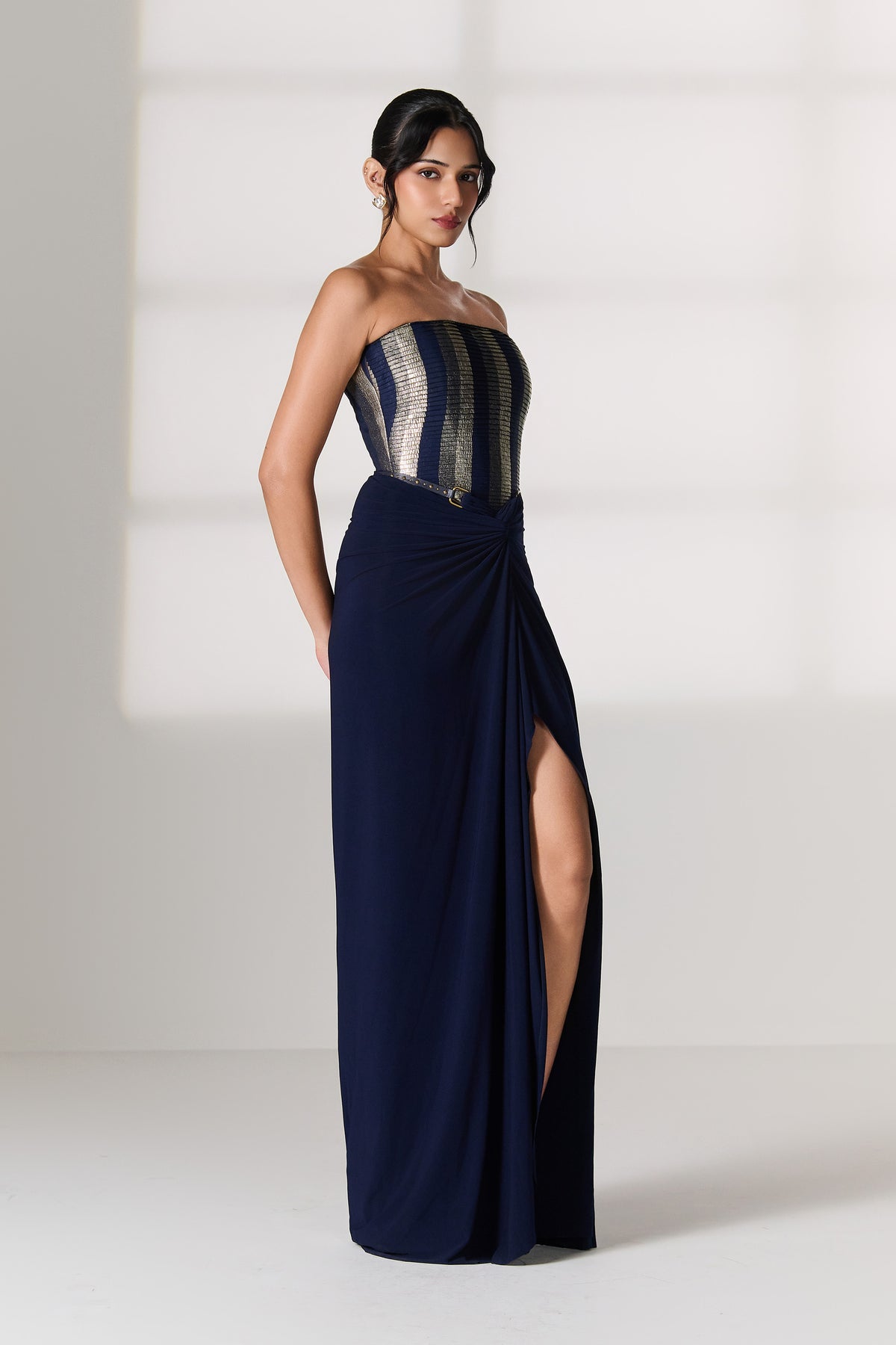 Navy-Gold Striped Corset Top