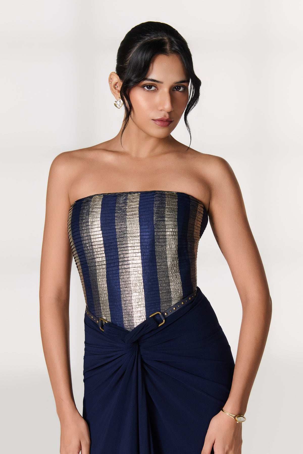 Navy-Gold Striped Corset Top