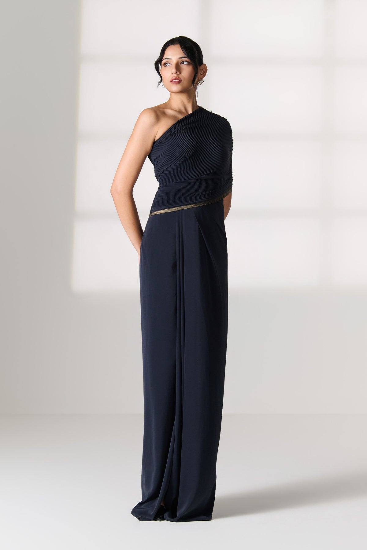 Navy One-Shoulder Draped Saree Gown