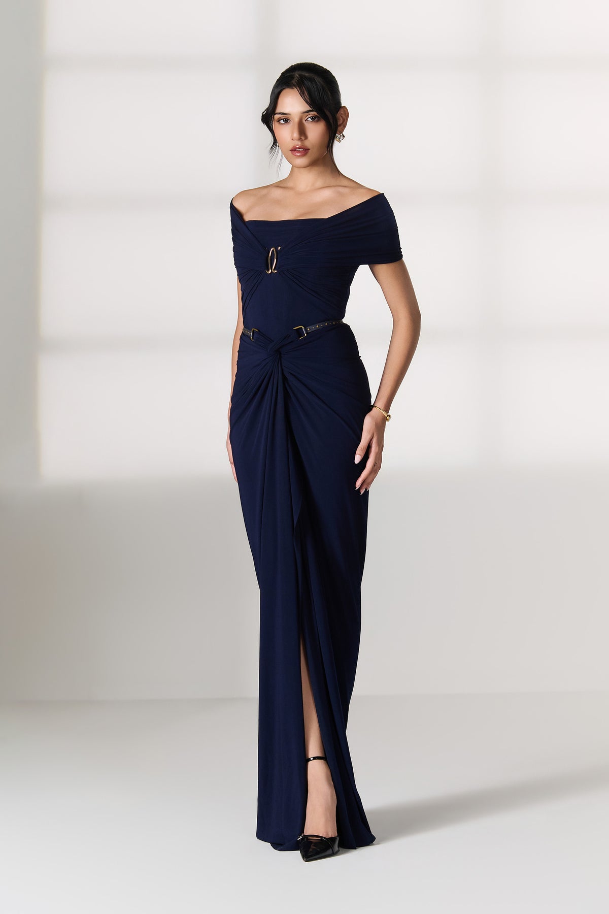 Navy Draped Maxi Skirt