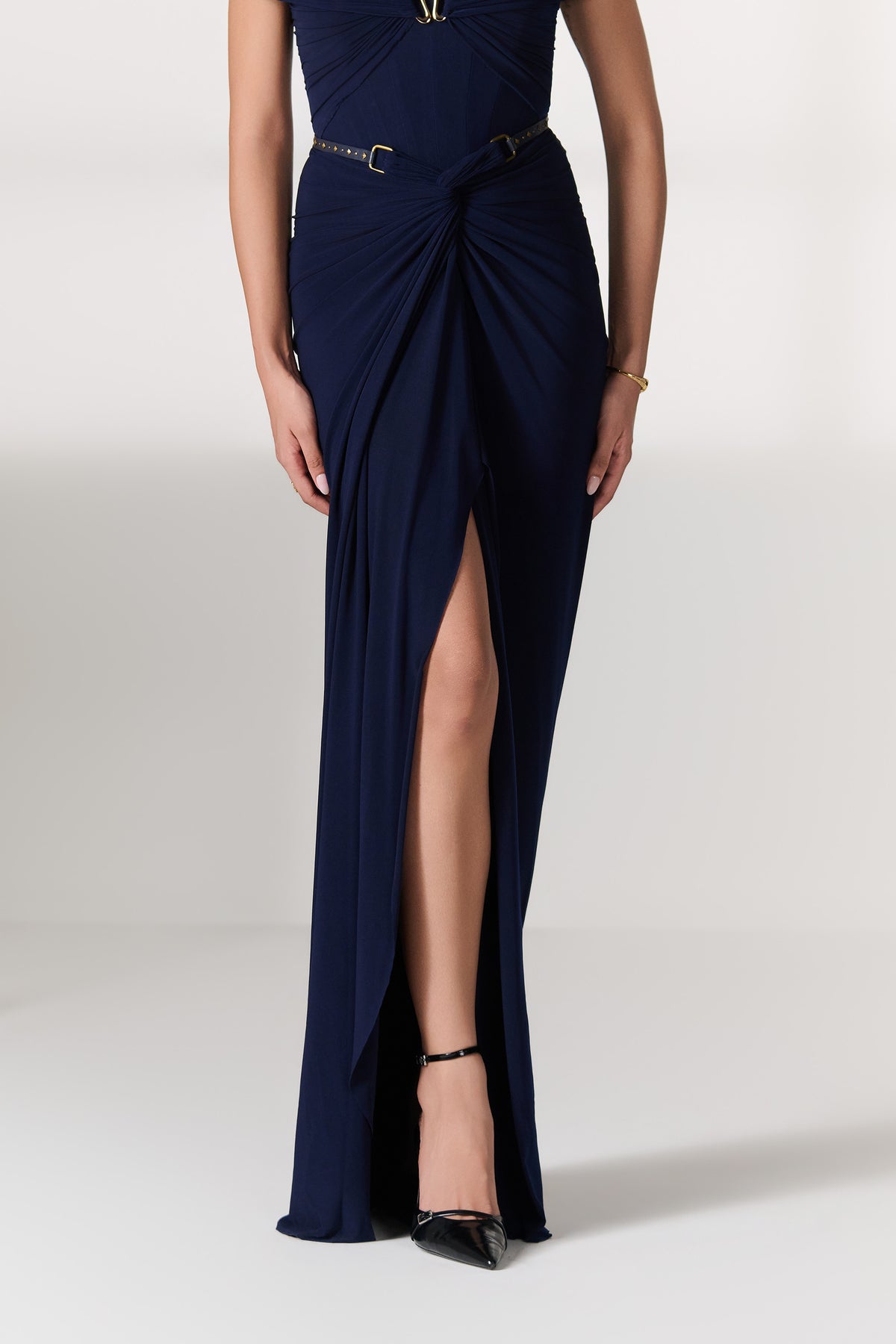 Navy Draped Maxi Skirt