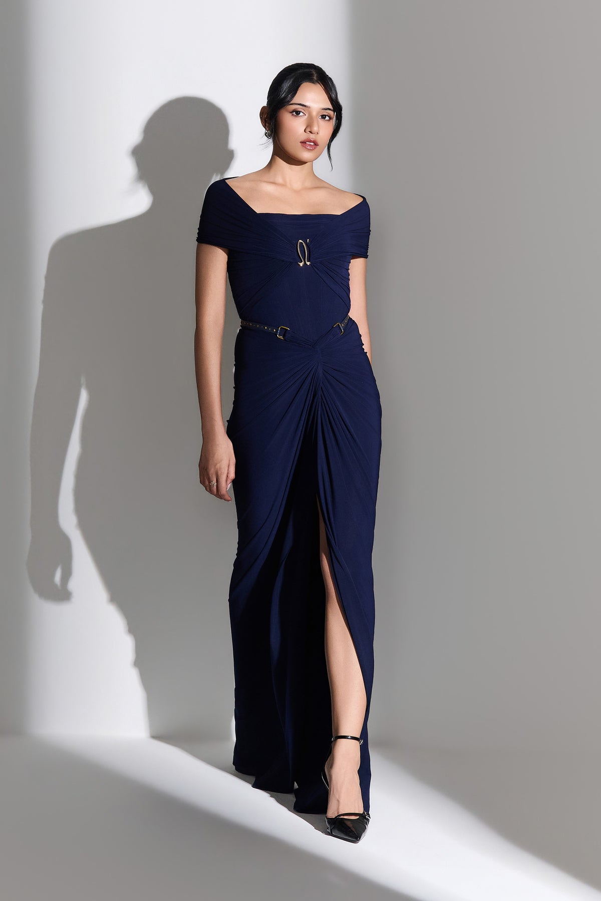 Navy Draped Maxi Skirt
