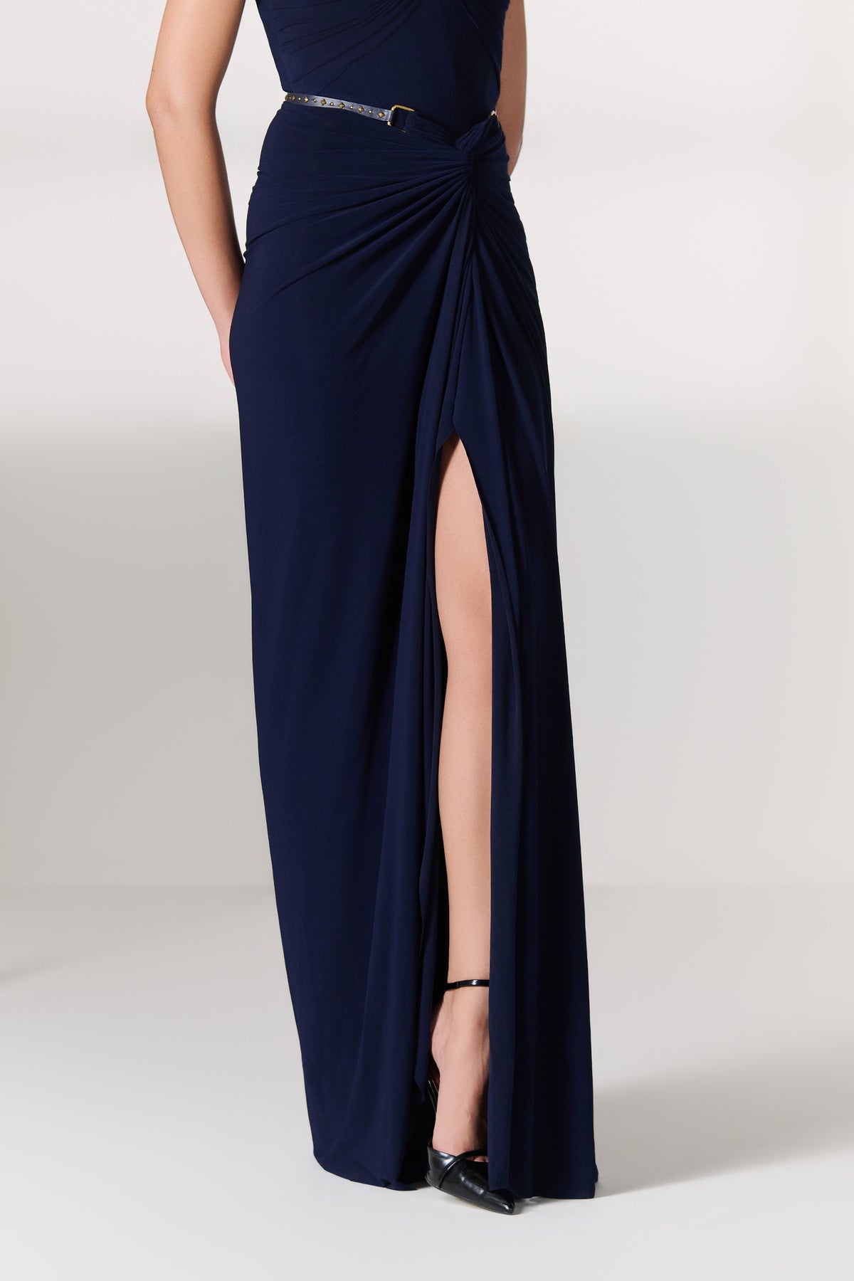 Navy Draped Maxi Skirt