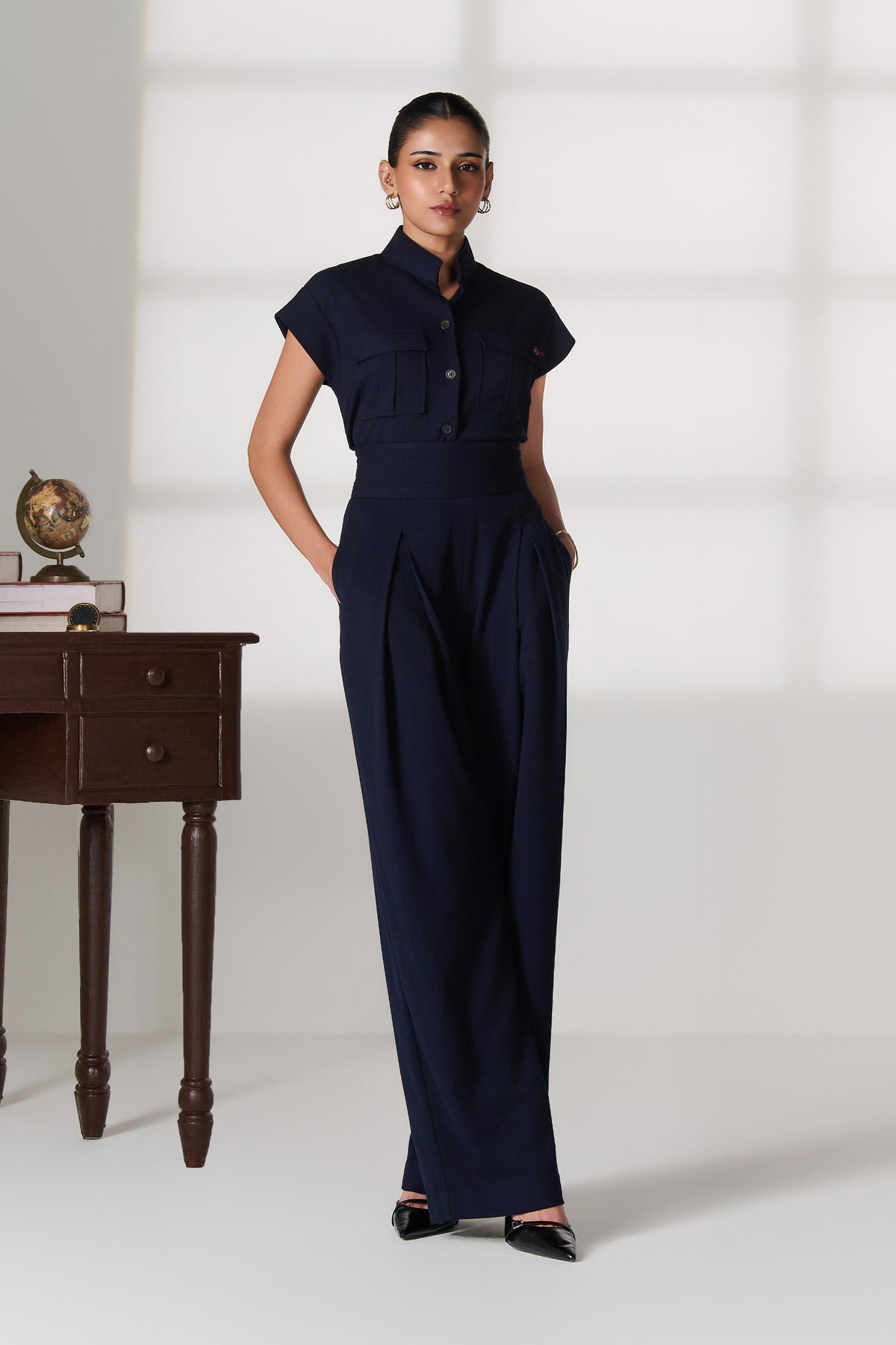 Navy Fold-Waist Wide Leg Trousers