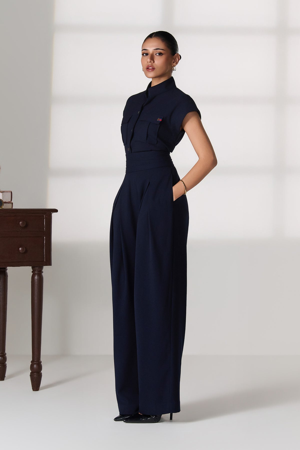 Navy Fold-Waist Wide Leg Trousers