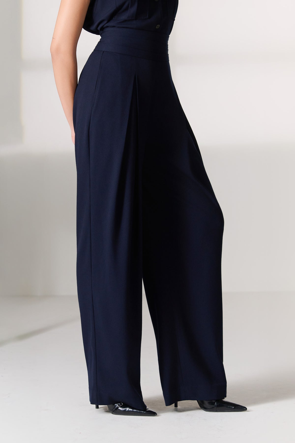 Navy Fold-Waist Wide Leg Trousers