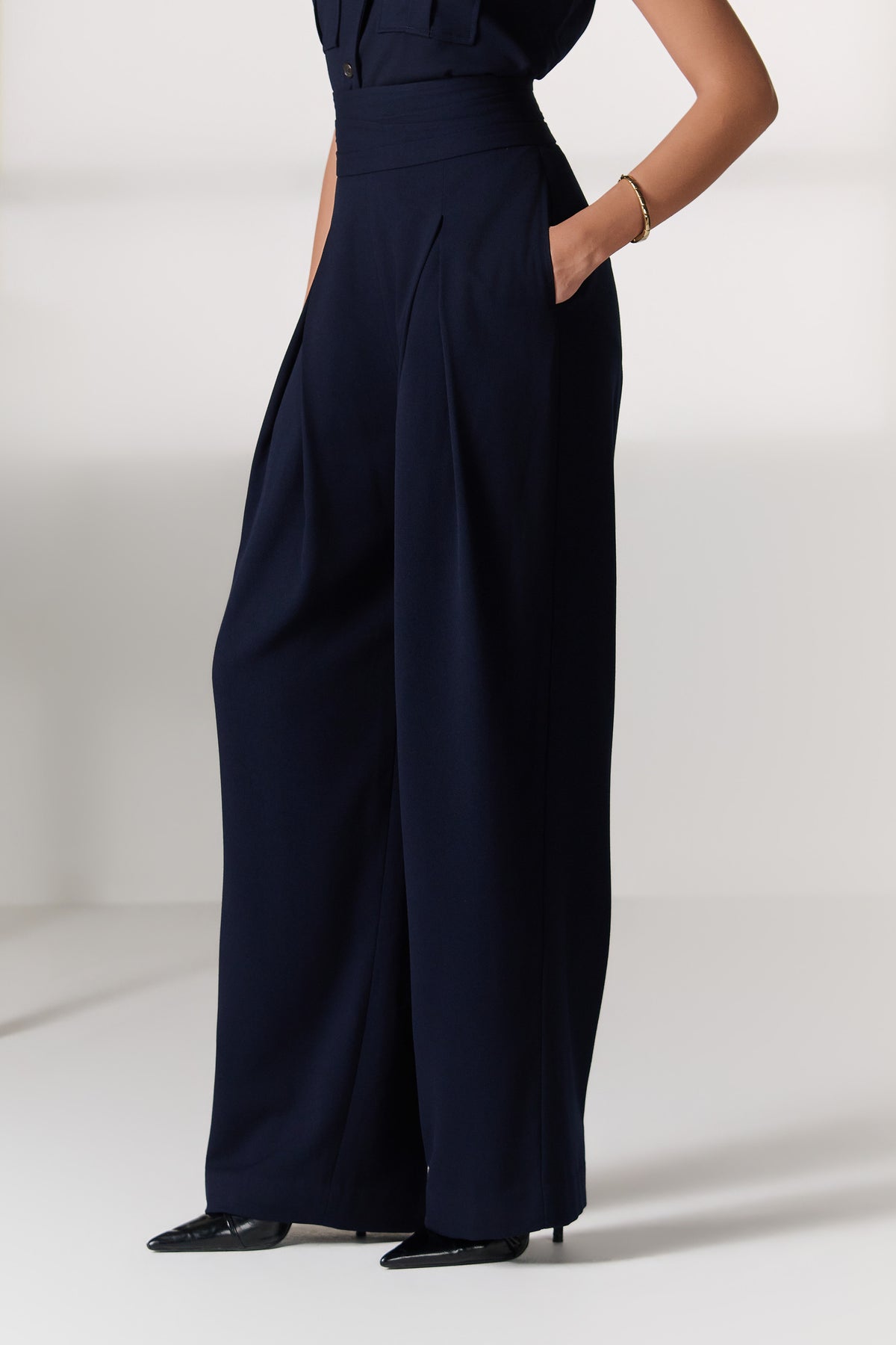 Navy Fold-Waist Wide Leg Trousers
