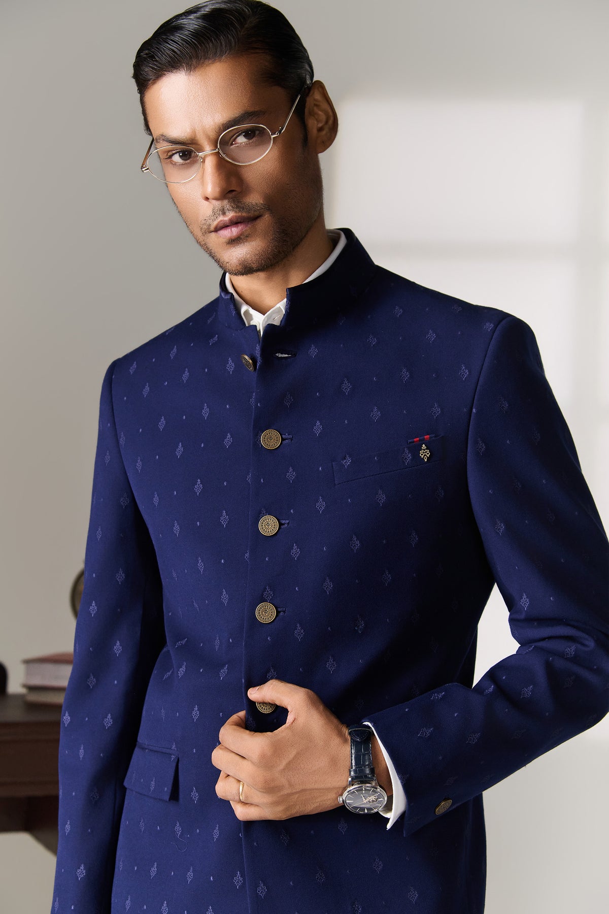 Navy Bandhgala Jacket with Gold Buttons