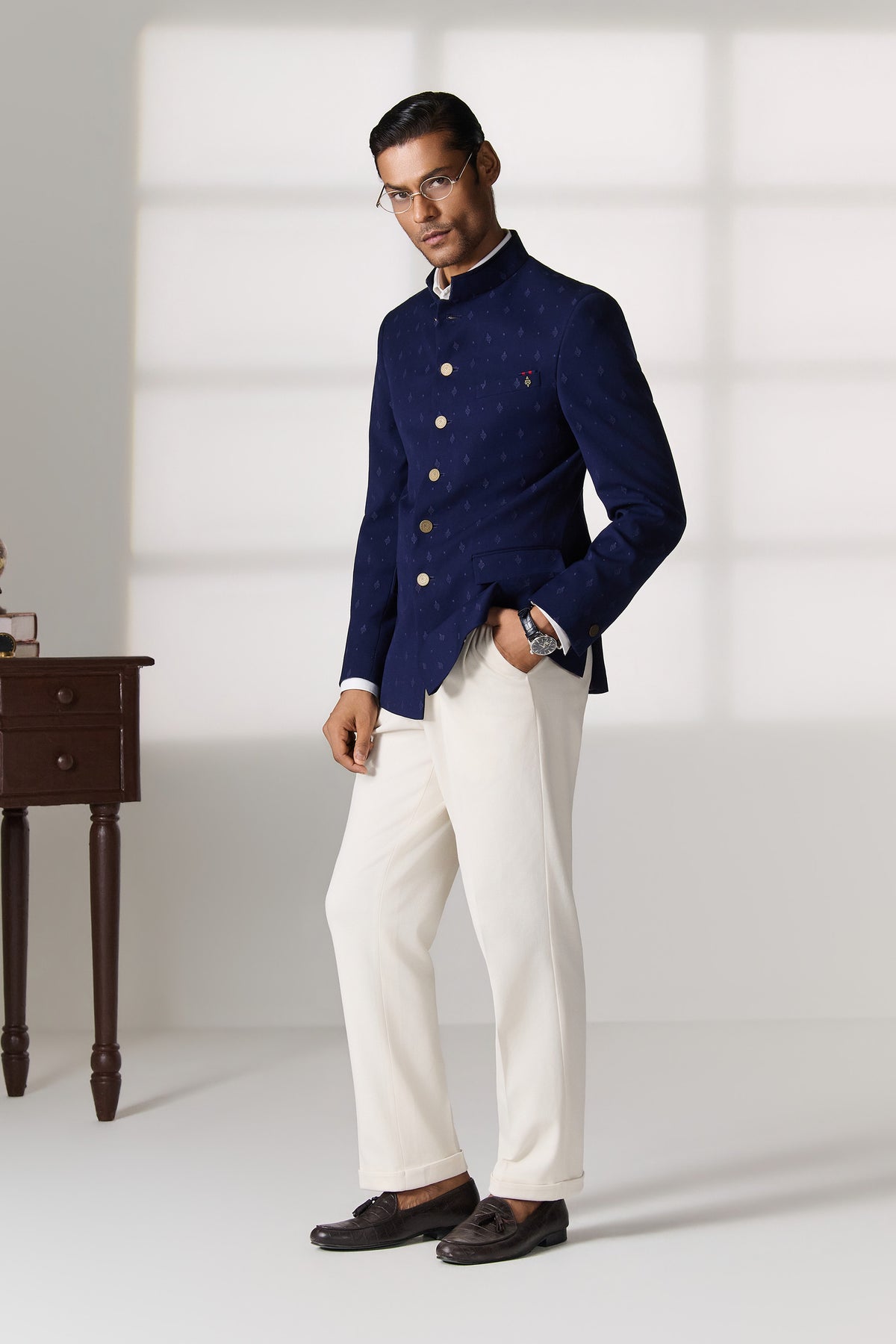 Navy Bandhgala Jacket with Gold Buttons