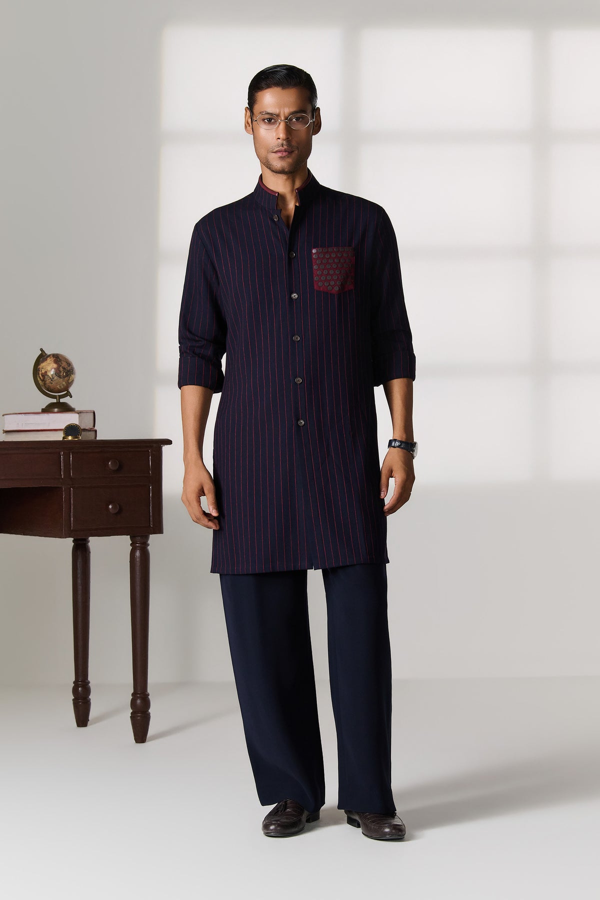 Navy Pinstripe Kurta with Contrast Patch Pocket