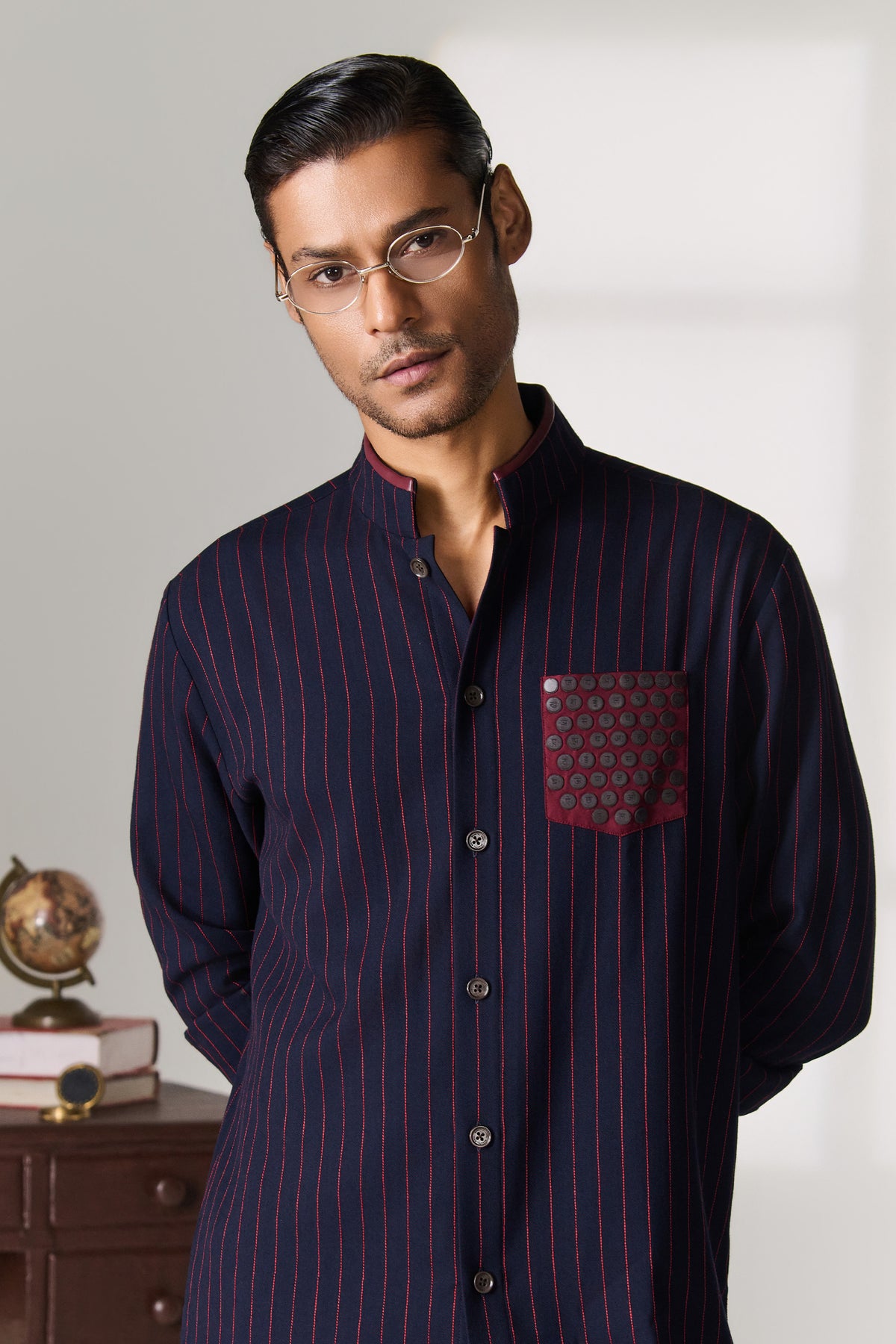 Navy Pinstripe Kurta with Contrast Patch Pocket