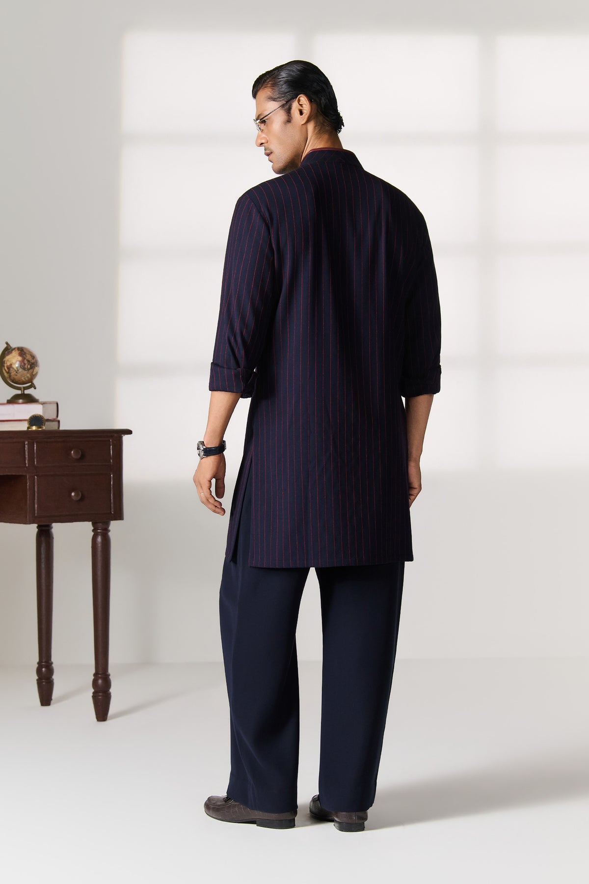Navy Pinstripe Kurta with Contrast Patch Pocket