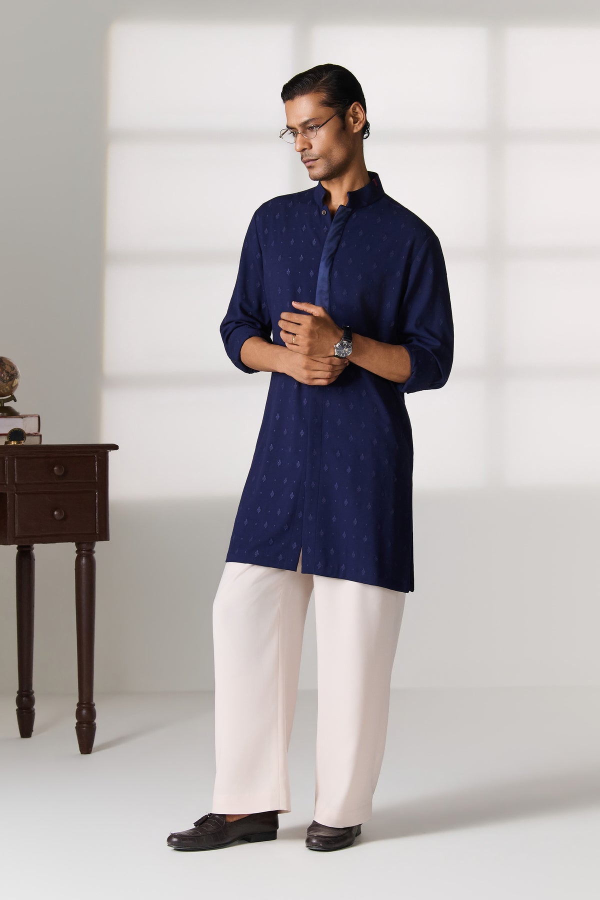 Navy Kurta with Contrast Placket Detail