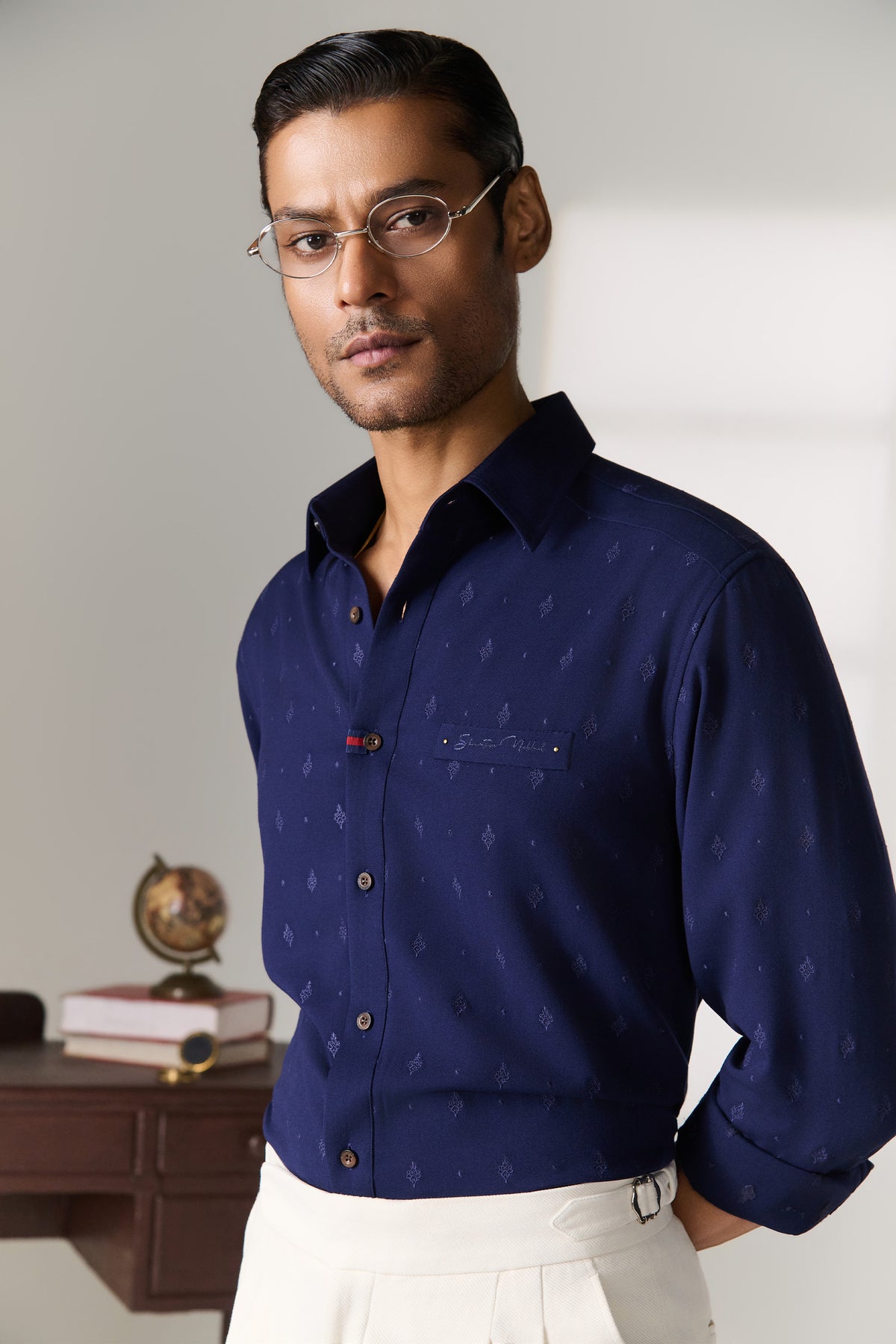 Navy Mandarin Collar Shirt