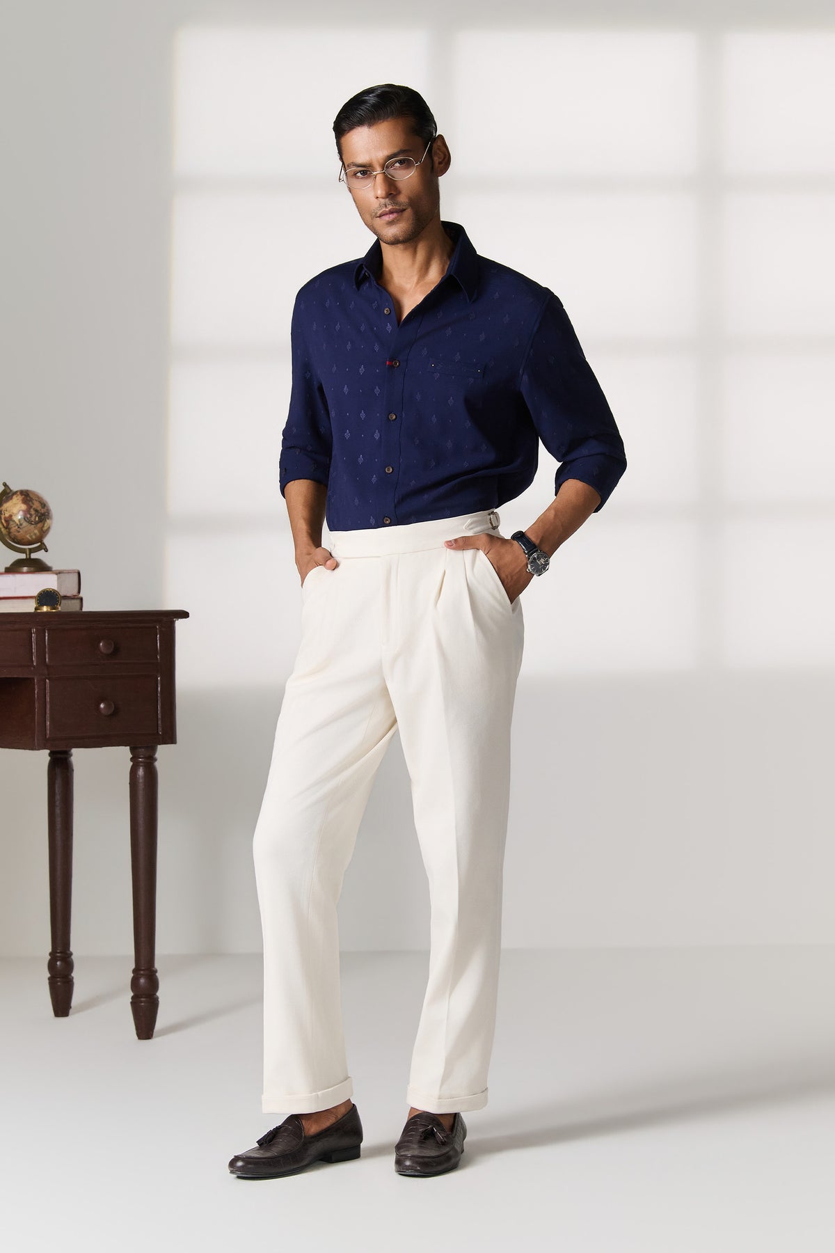 Navy Mandarin Collar Shirt