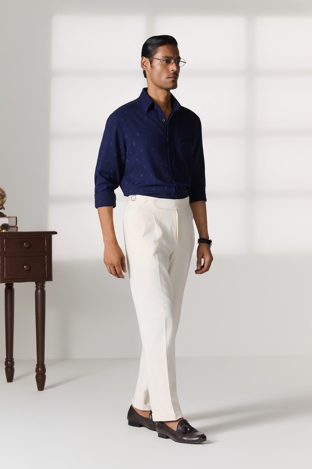Navy Mandarin Collar Shirt