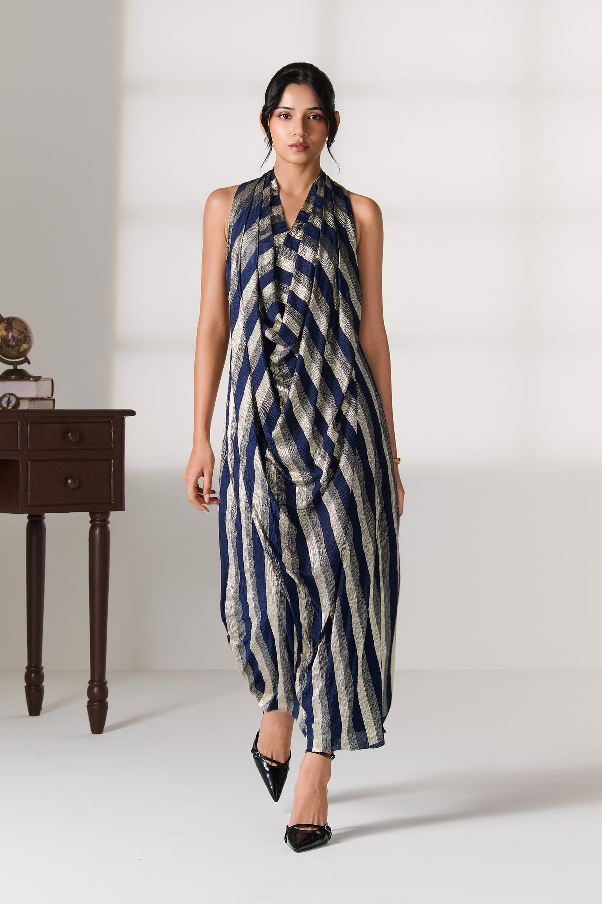 Navy-Silver Striped Wrap Dress