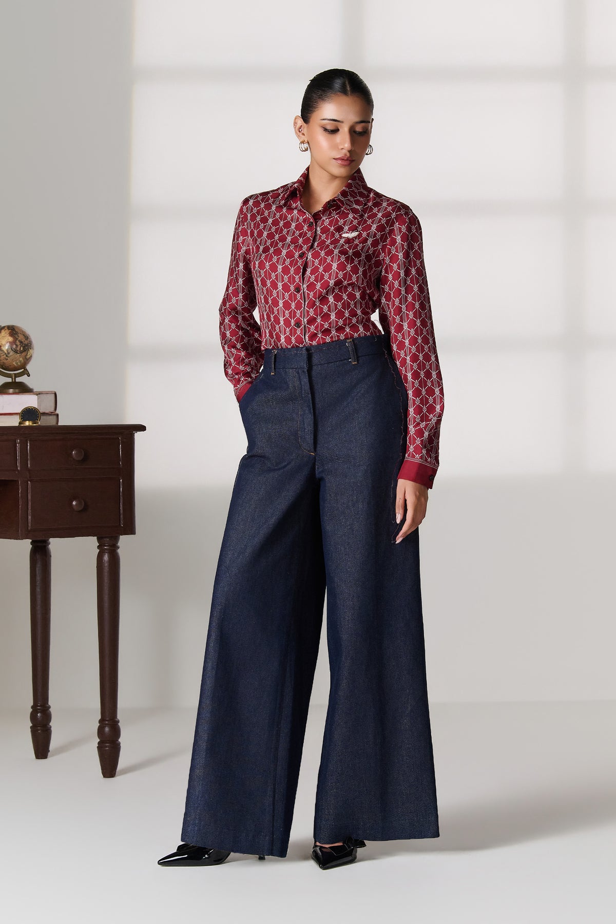 Cherry Geometric Print Silk Shirt