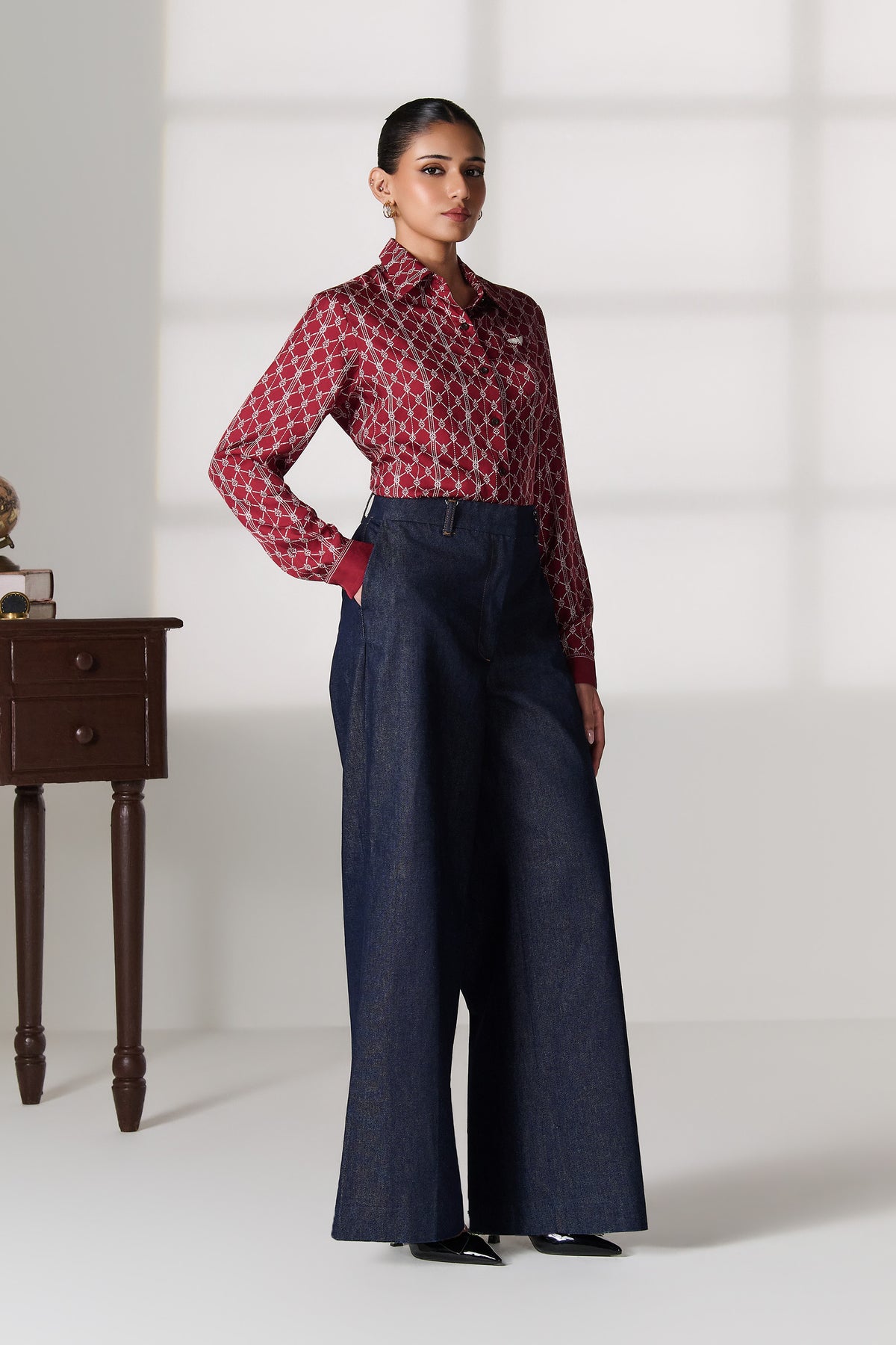 Cherry Geometric Print Silk Shirt
