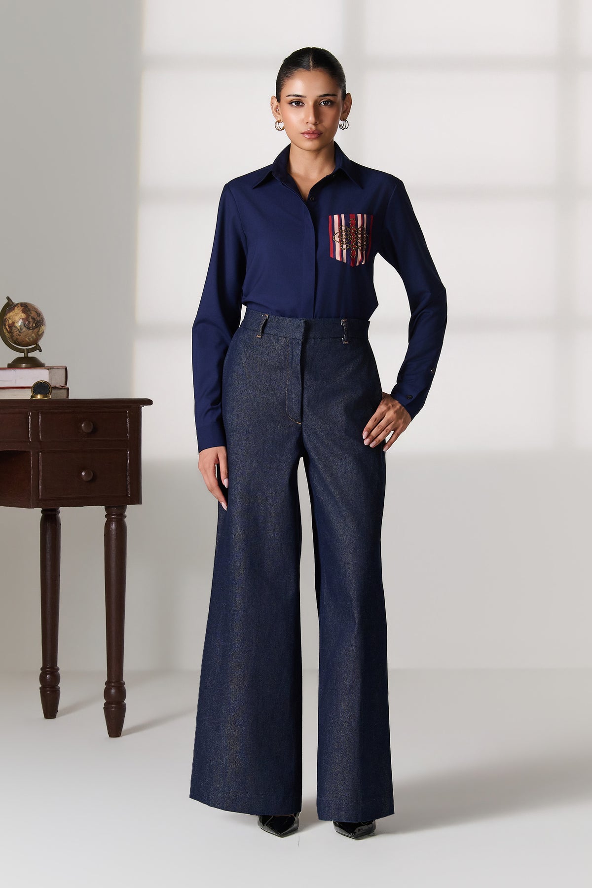 Navy Shirt with Striped Contrast Pocket