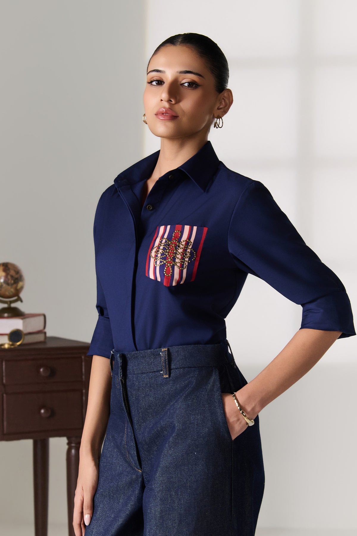 Navy Shirt with Striped Contrast Pocket