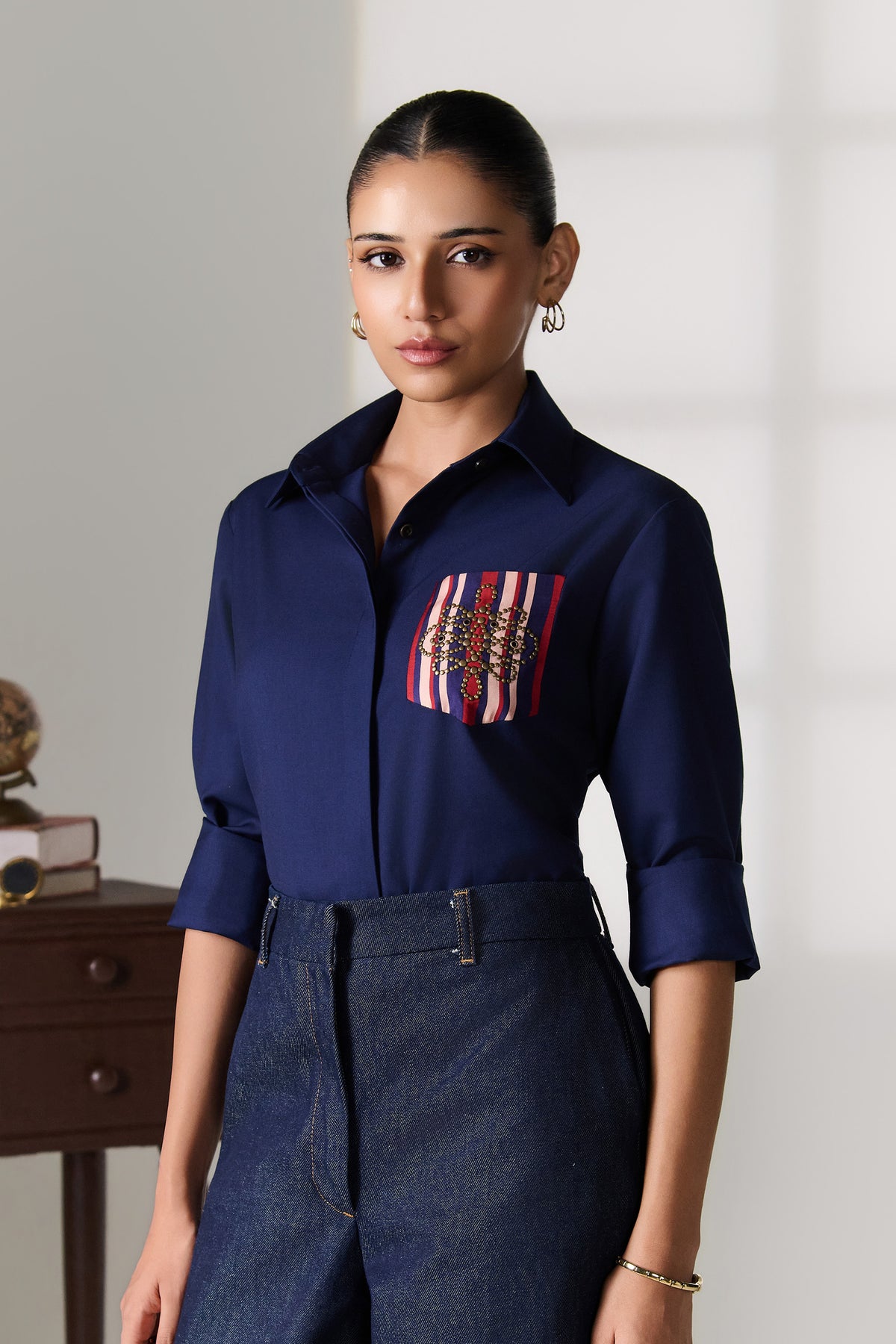 Navy Shirt with Striped Contrast Pocket