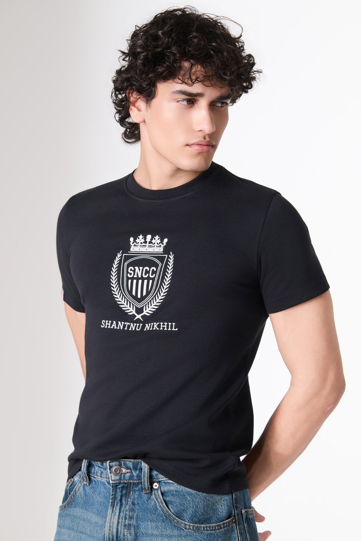 SNCC Black Cotton Crest Embroidered T-Shirt