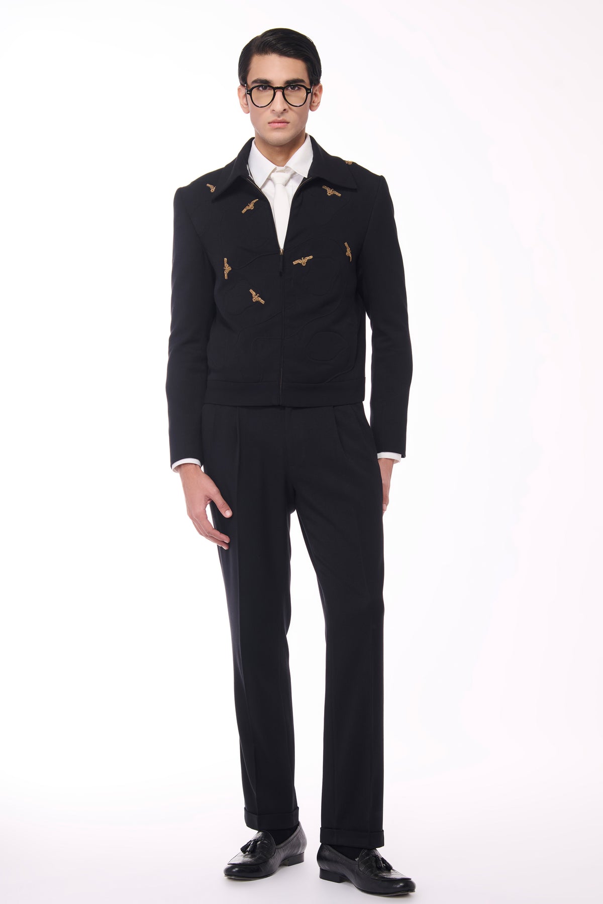 Abhay Verma in Black Layering with Crest Allover