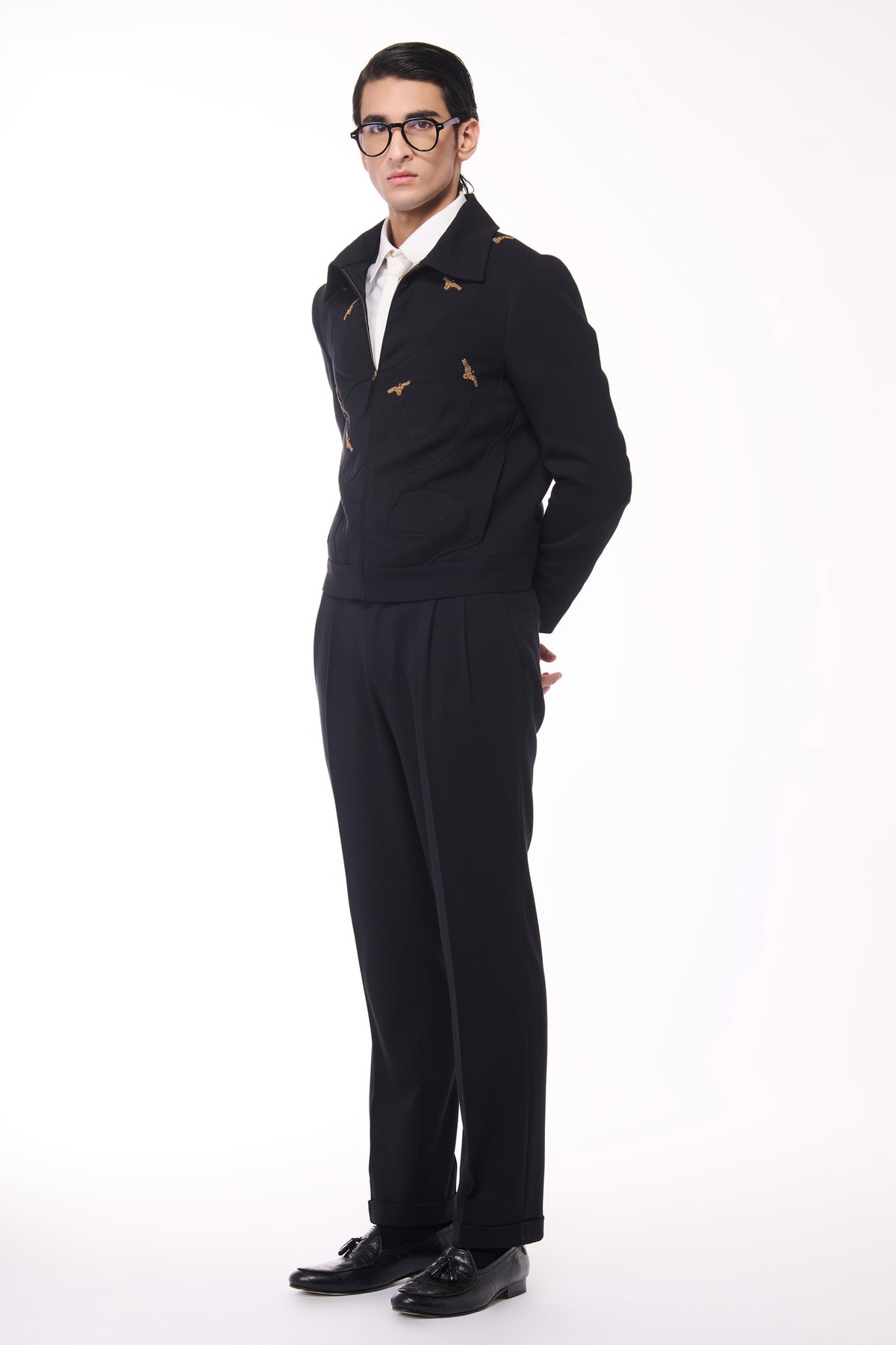 Abhay Verma in Black Layering with Crest Allover