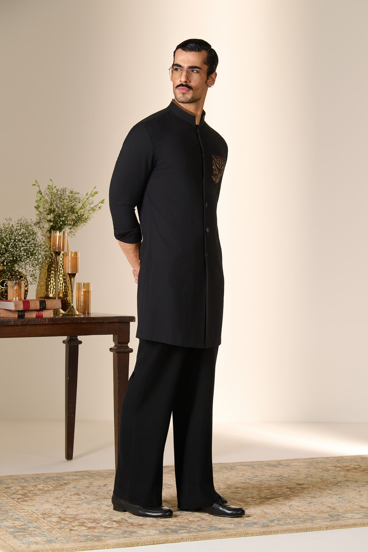 Black Embroidered Pocket Kurta