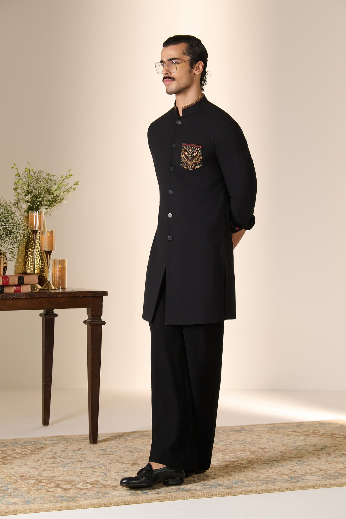 Black Embroidered Pocket Kurta