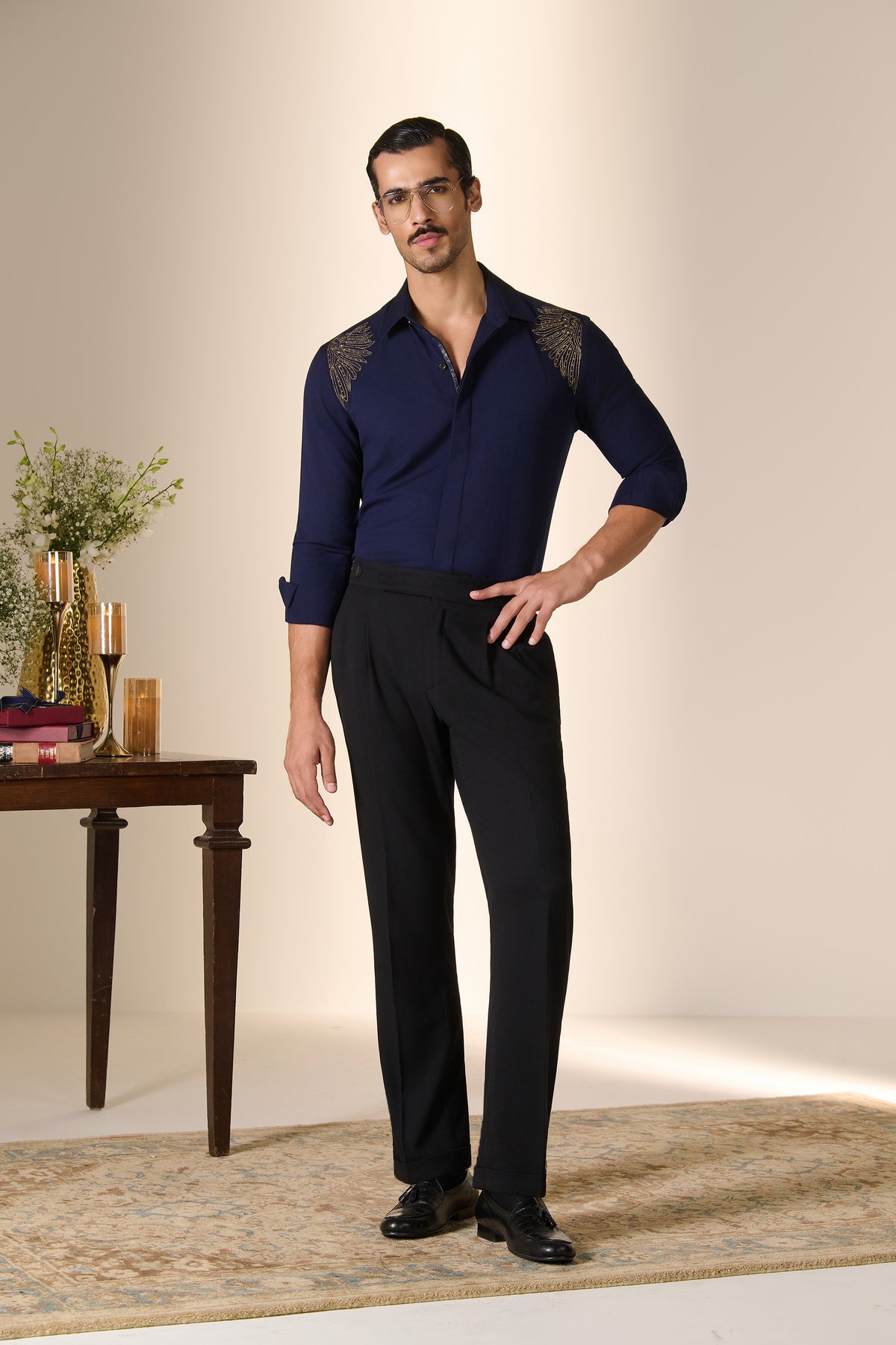 Navy Embroidered Shoulder Shirt
