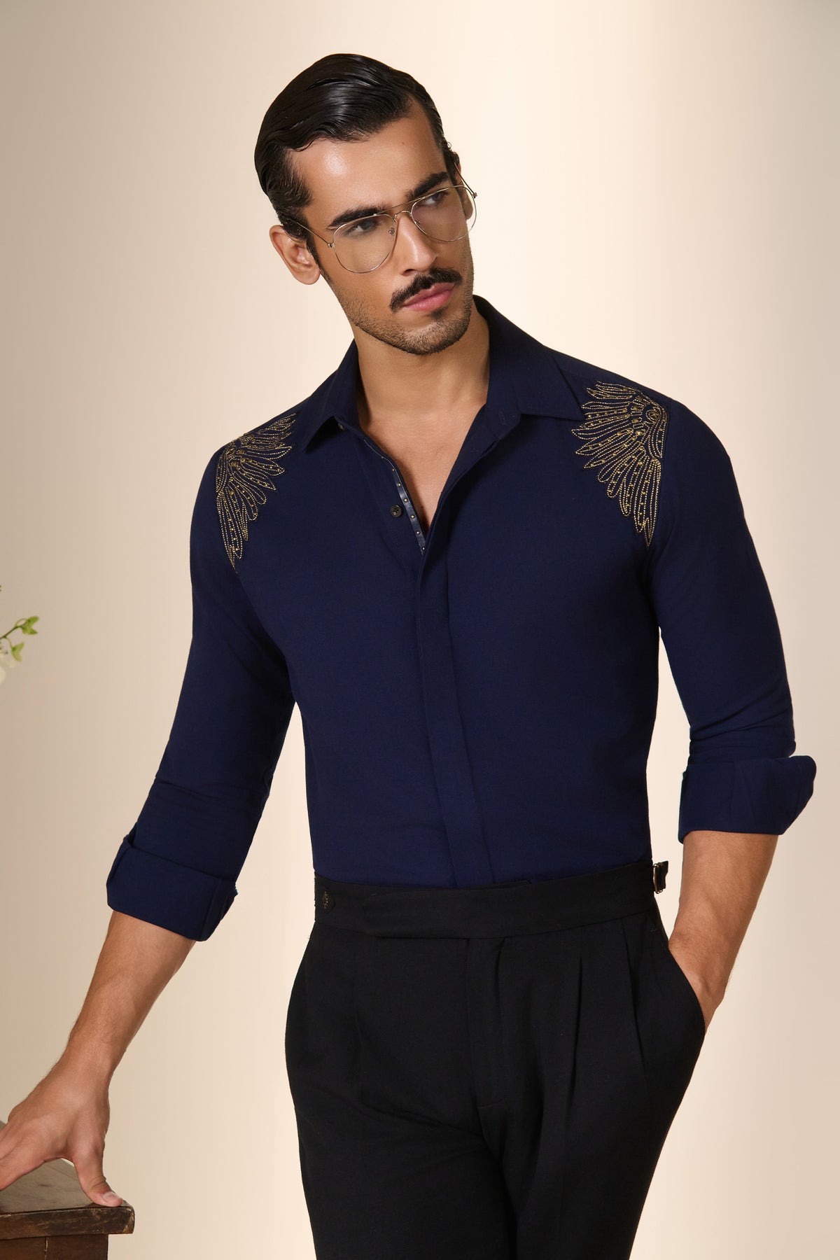 Navy Embroidered Shoulder Shirt