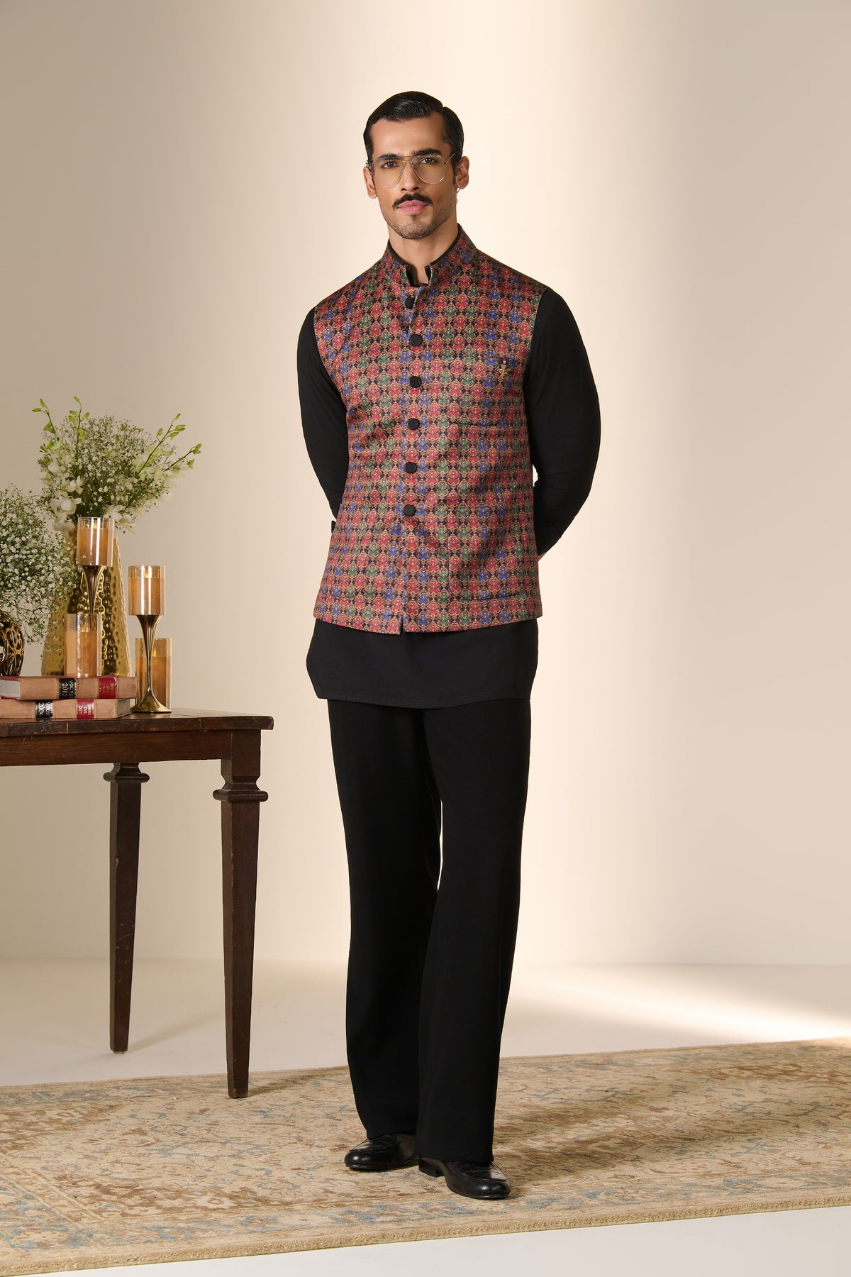 Multicolour Printed Crest Waistcoat