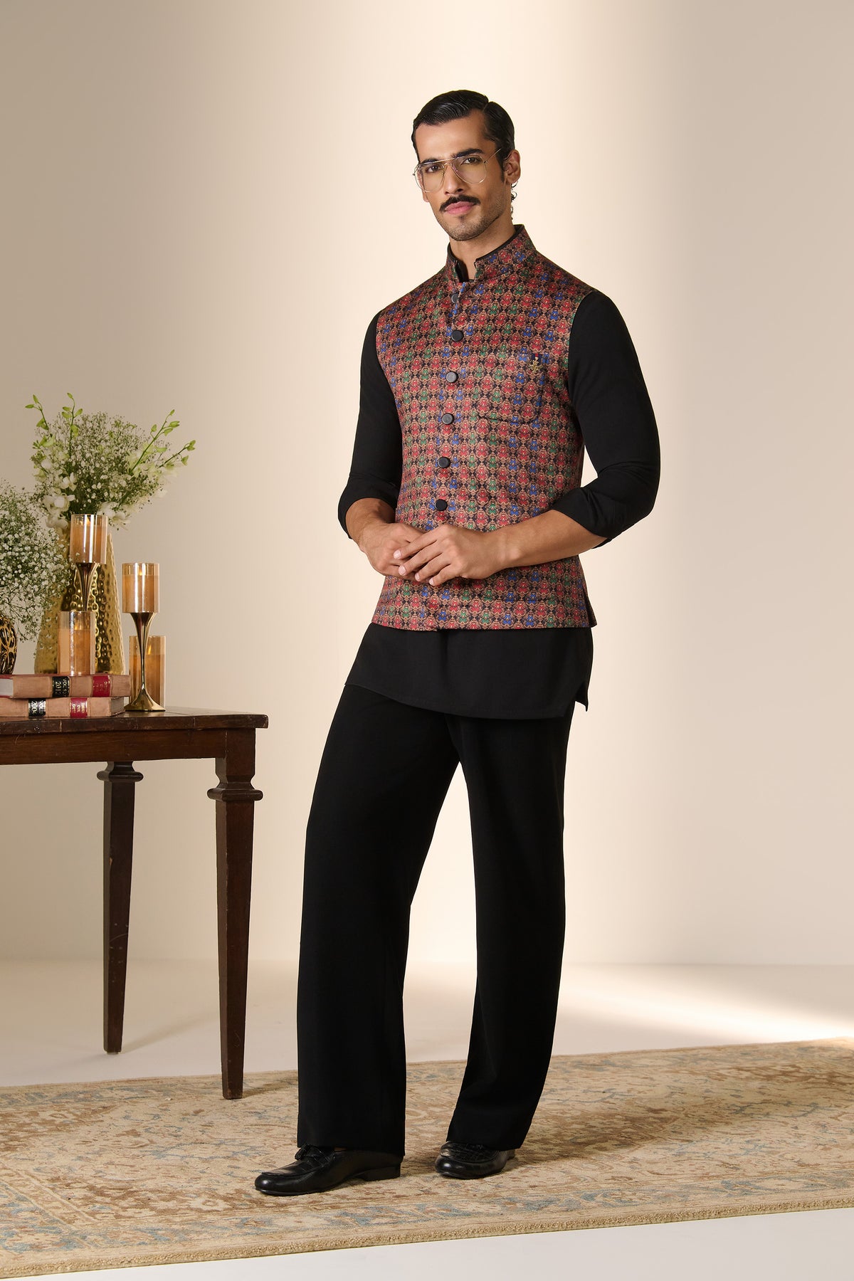 Multicolour Printed Crest Waistcoat
