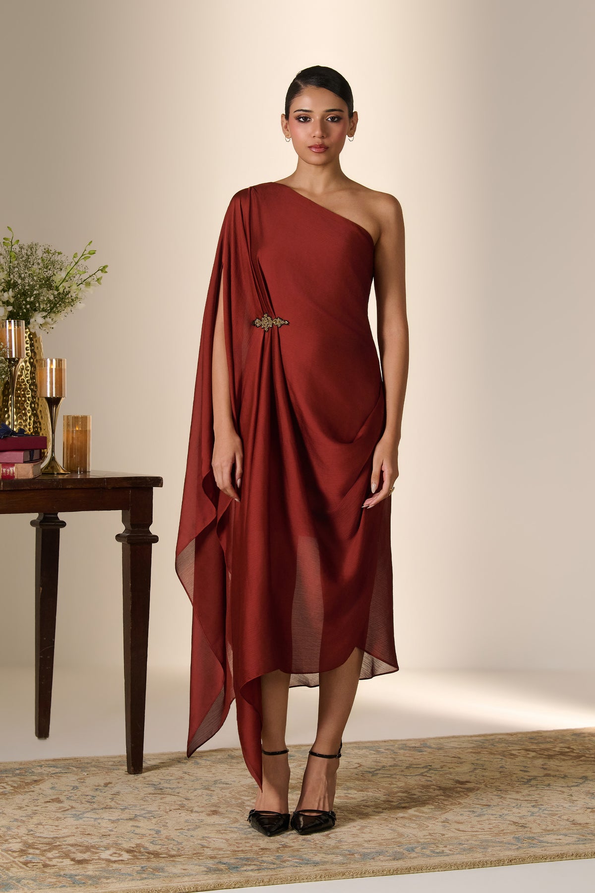 Rust One-Shoulder Kaftan Dress