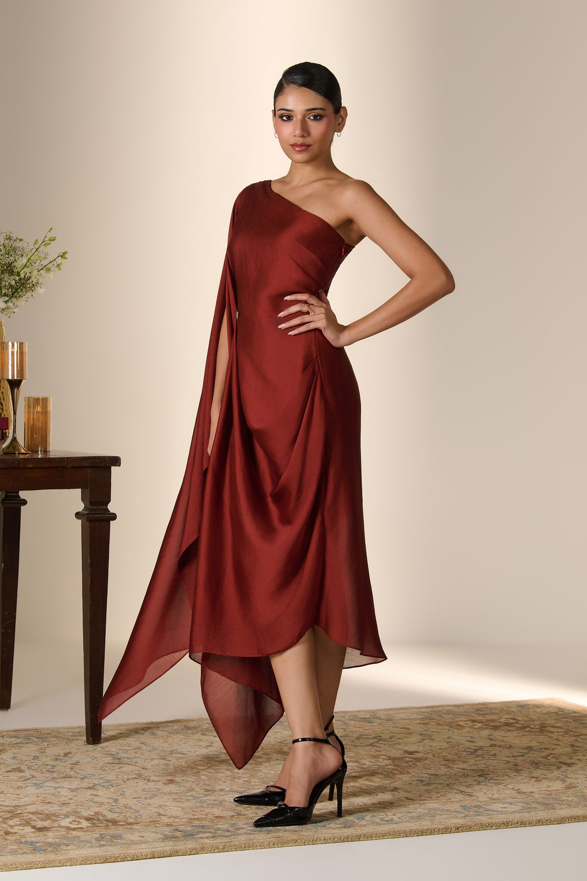 Rust One-Shoulder Kaftan Dress