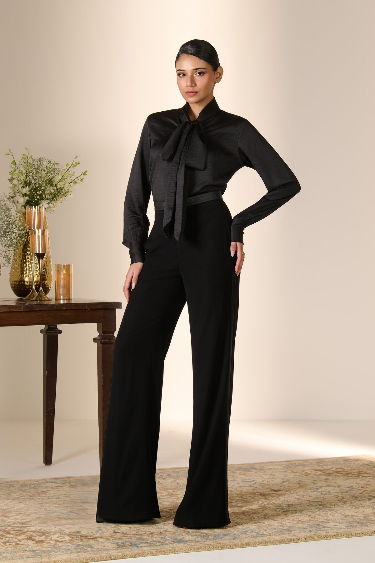 Black Silk Tie-Neck Top