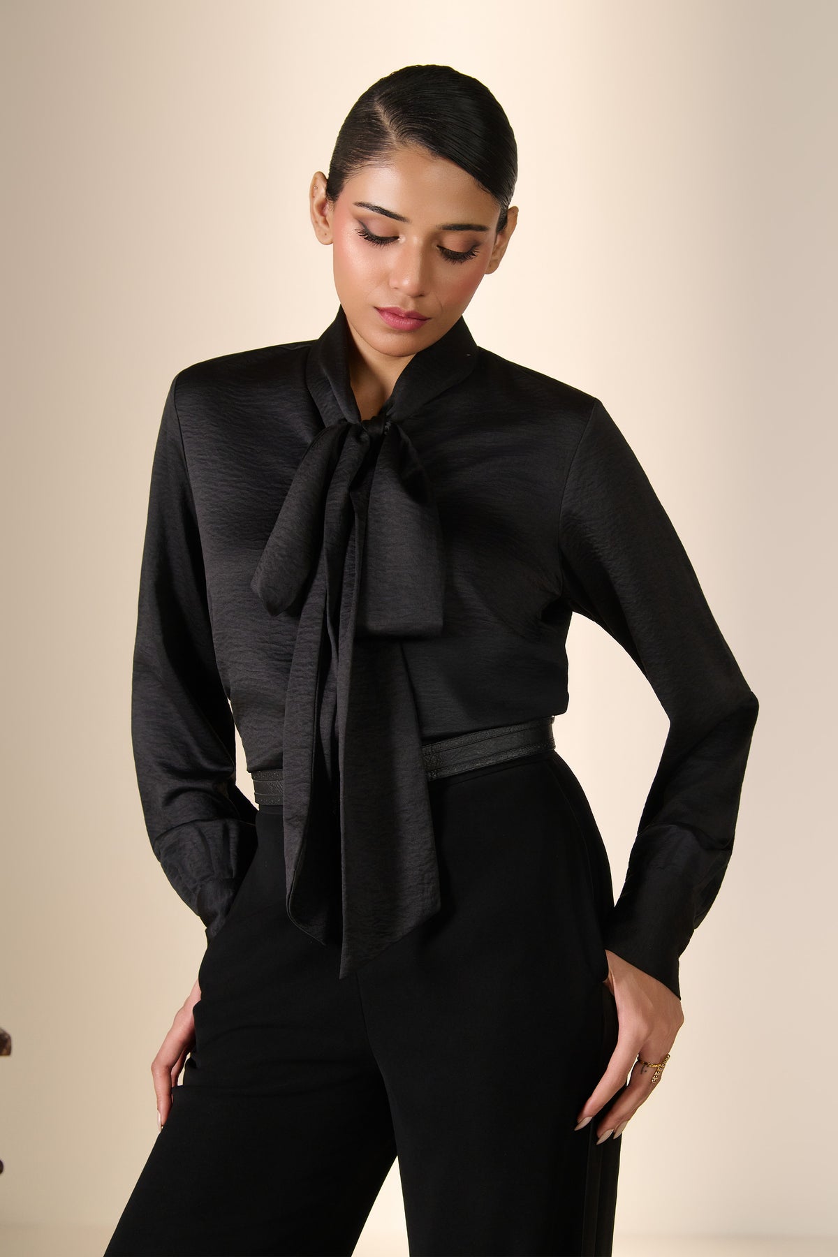 Black Silk Tie-Neck Top