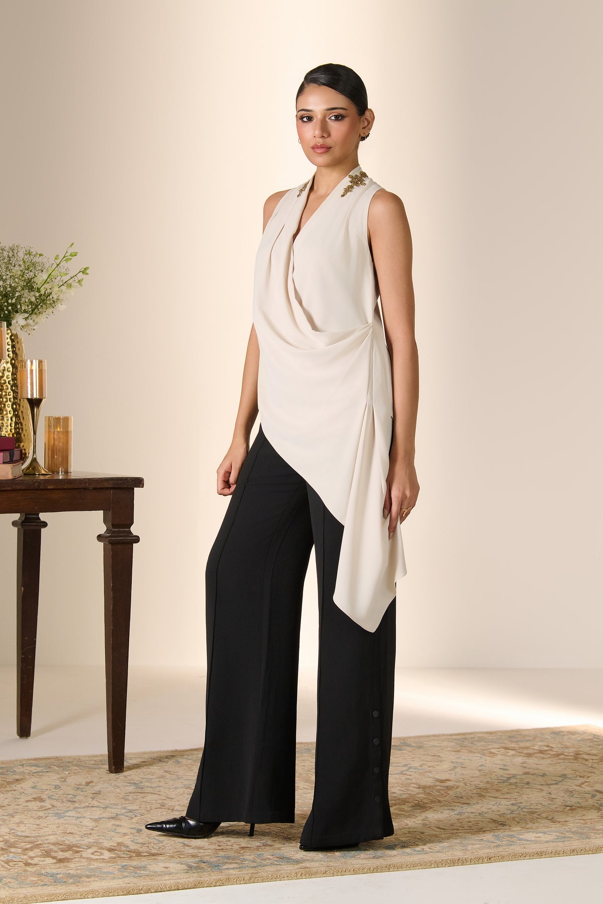 Ivory Draped Collar Top