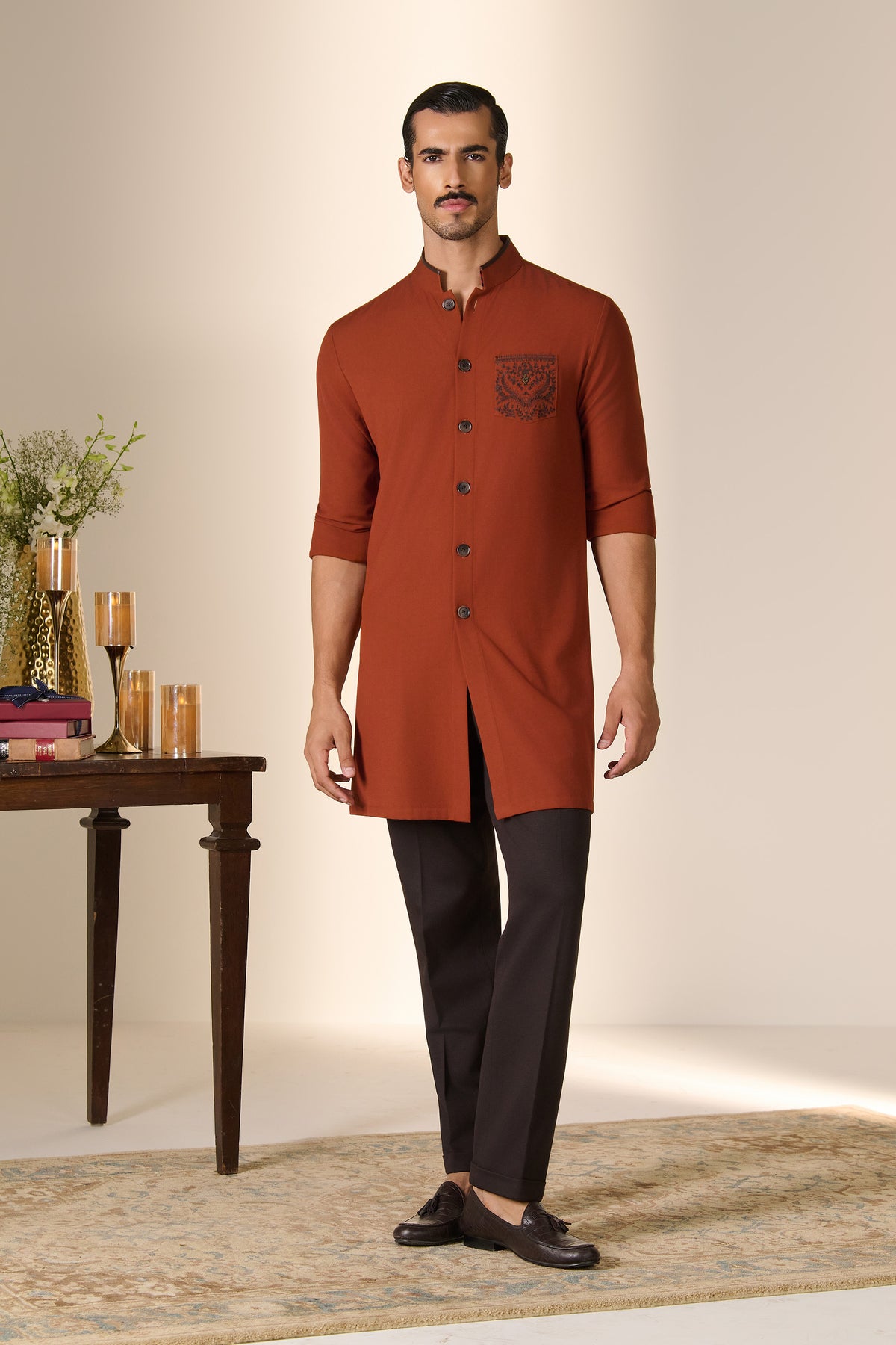 Rust Embroidered Pocket Kurta