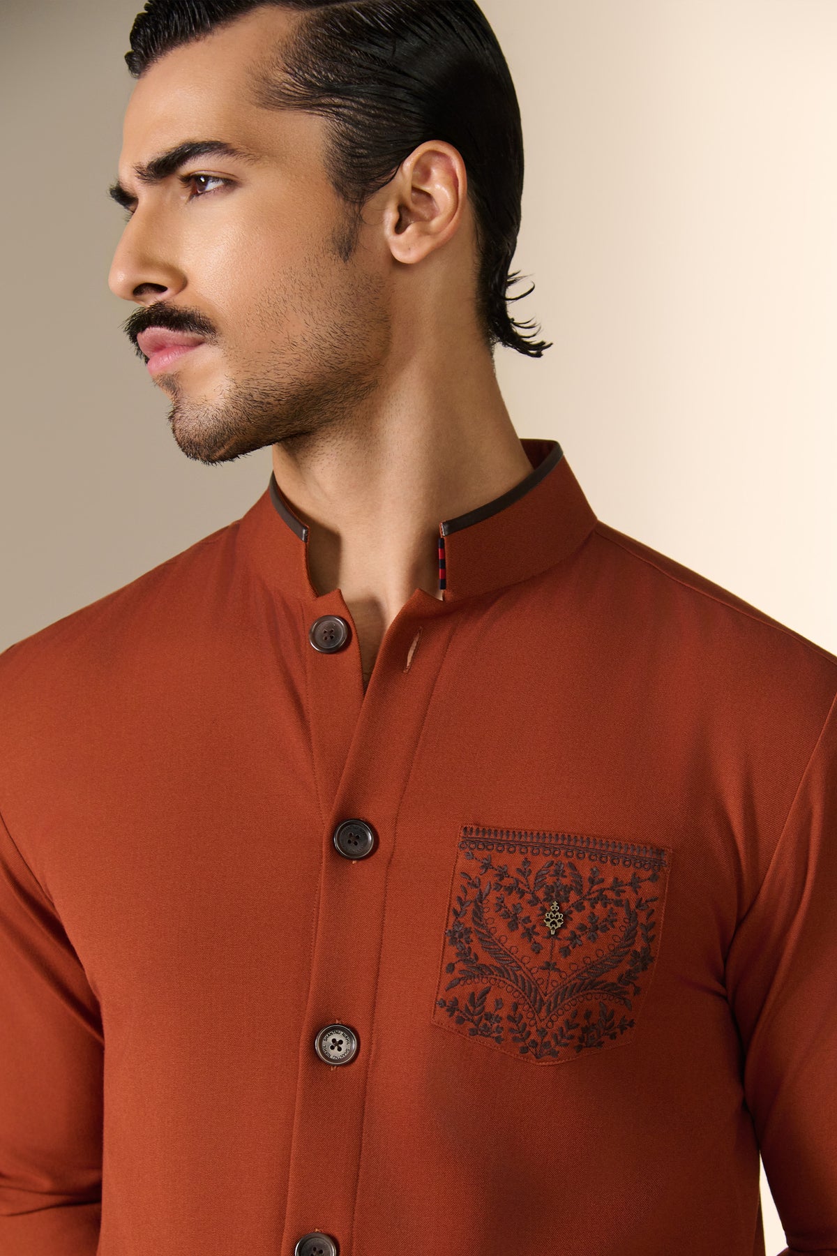 Rust Embroidered Pocket Kurta