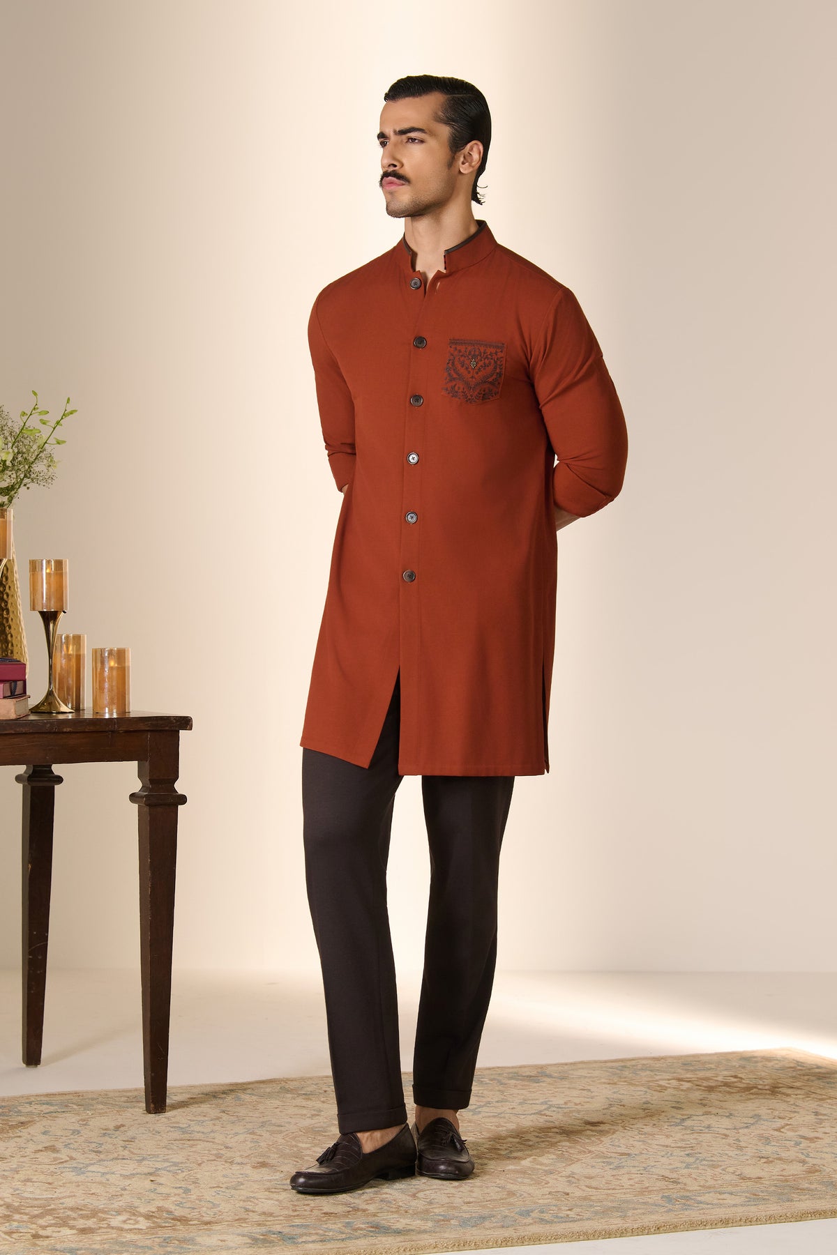 Rust Embroidered Pocket Kurta