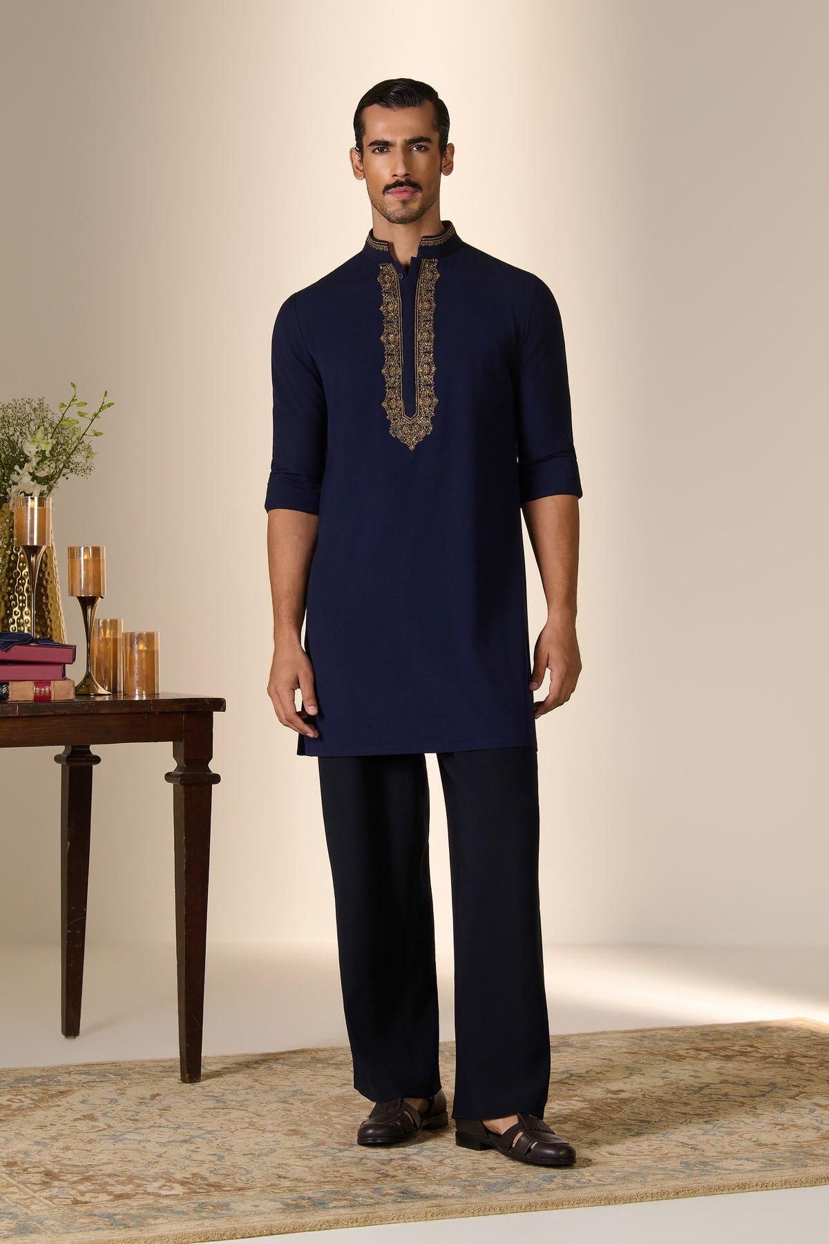 Navy Embroidered Placket Kurta