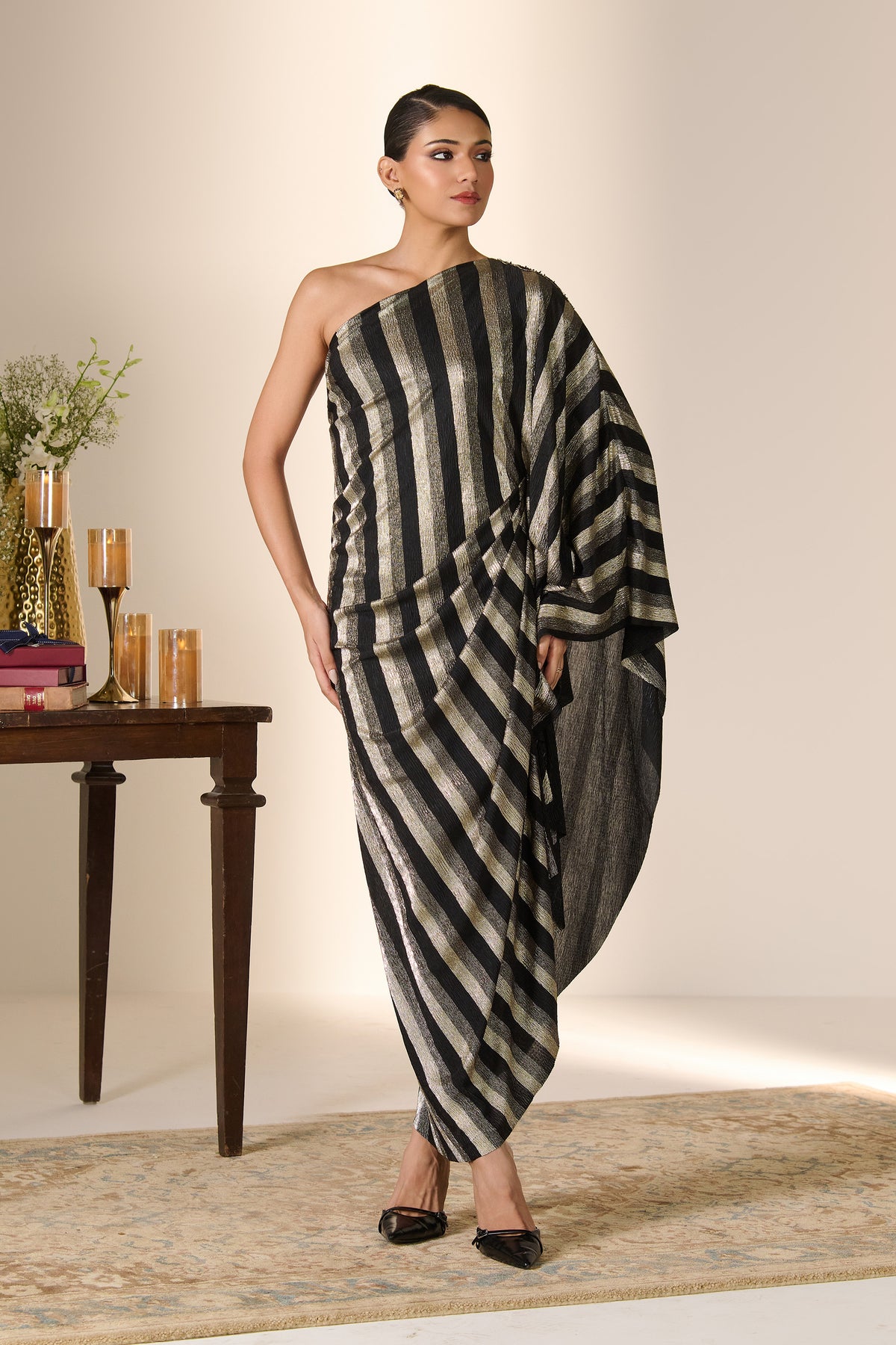 Black  and  Gold Stripe Drape Dress