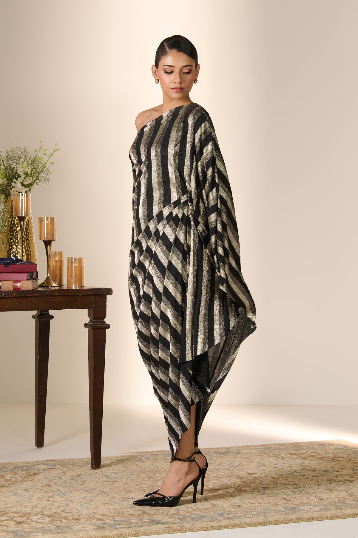 Black  and  Gold Stripe Drape Dress
