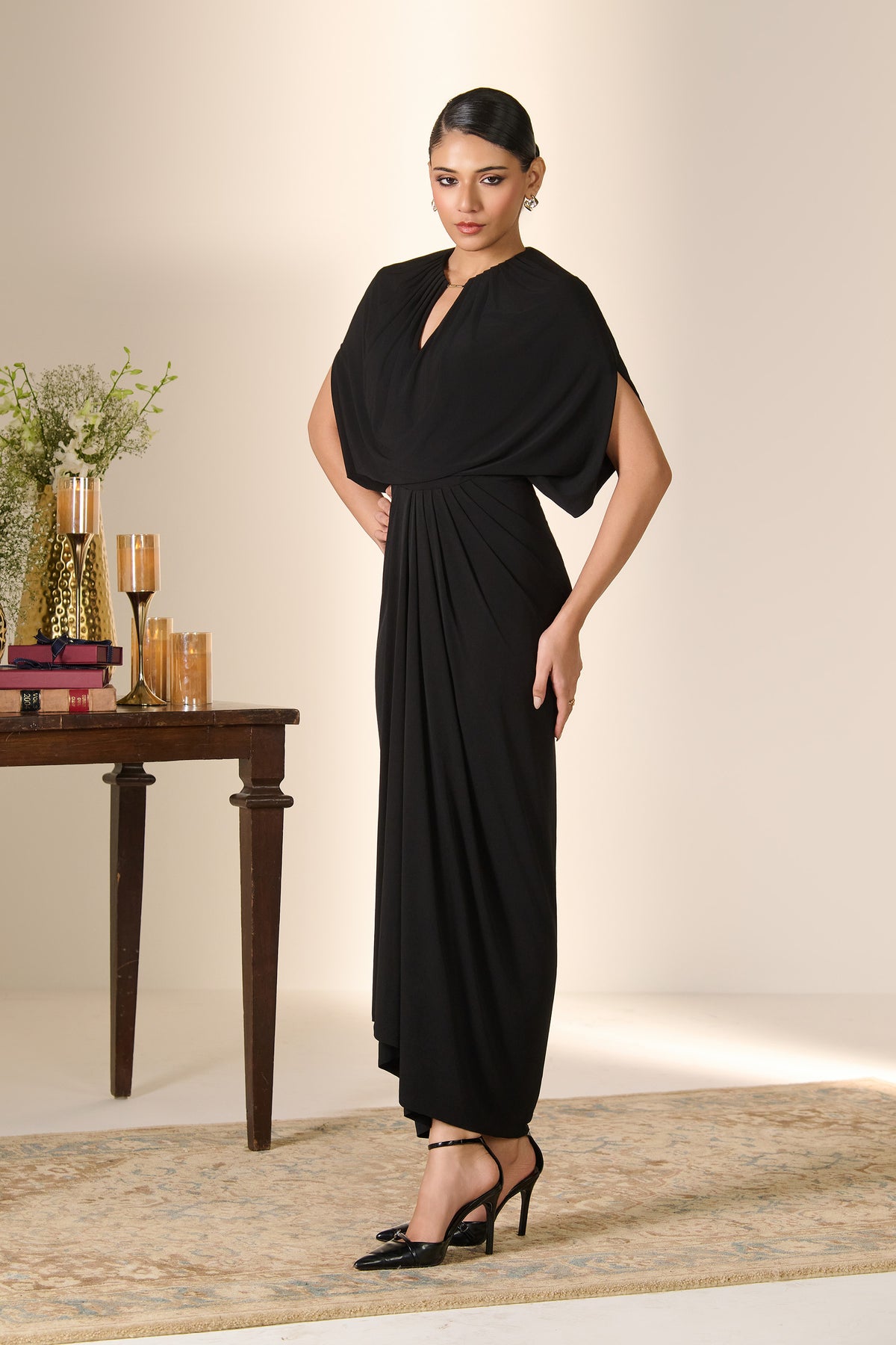 Black Drape Cape Dress