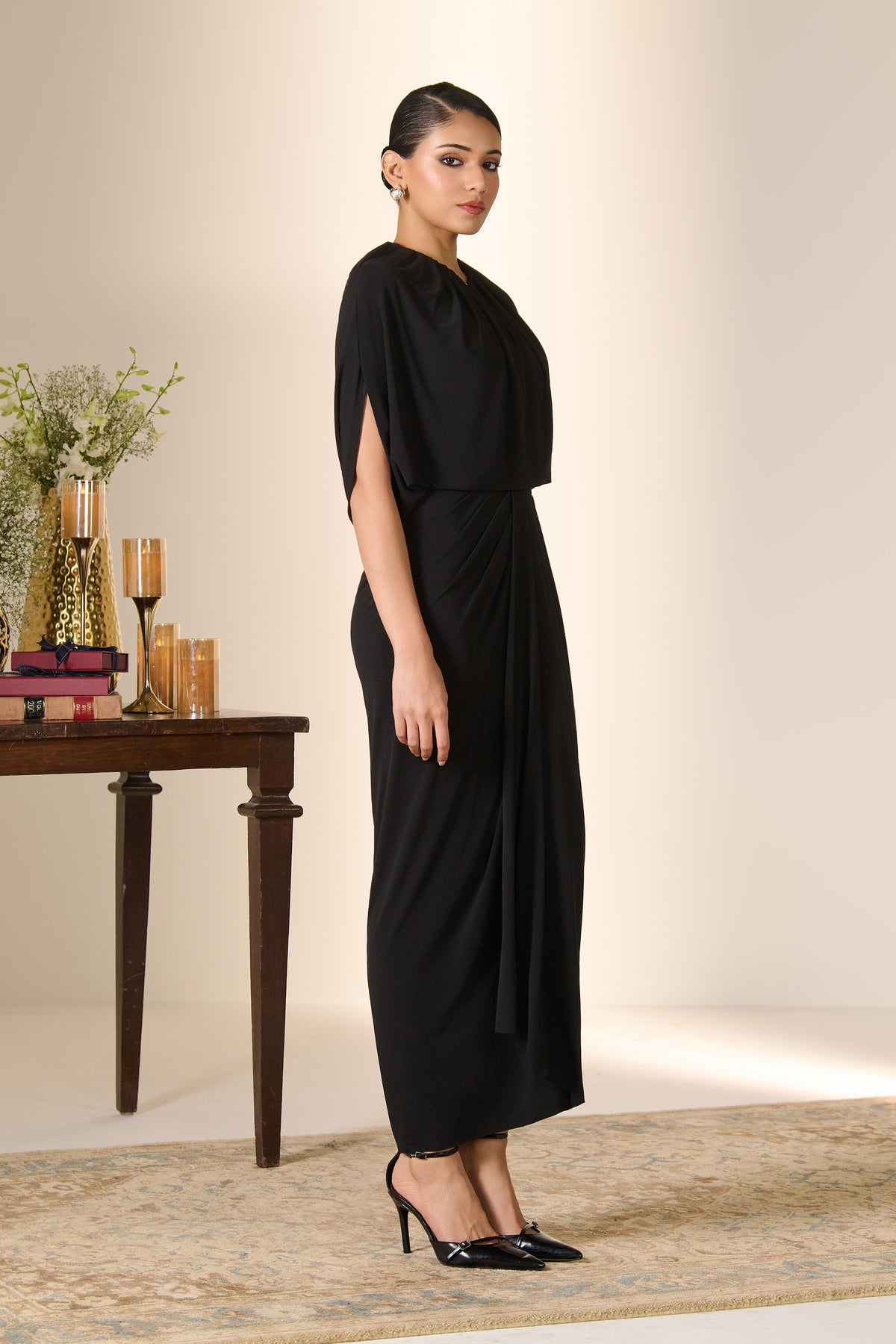 Black Drape Cape Dress
