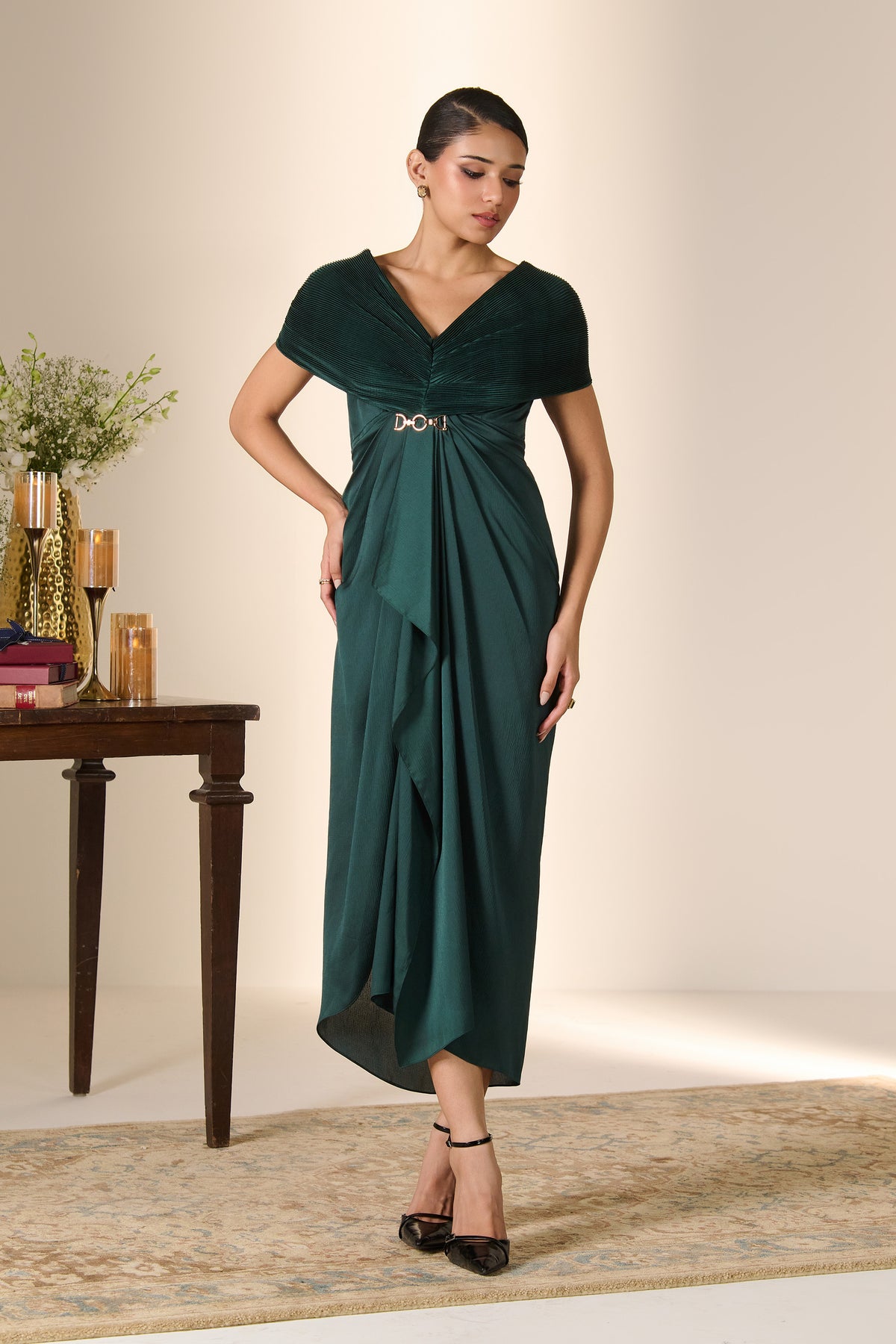 Emerald Pleated Cape Kaftan